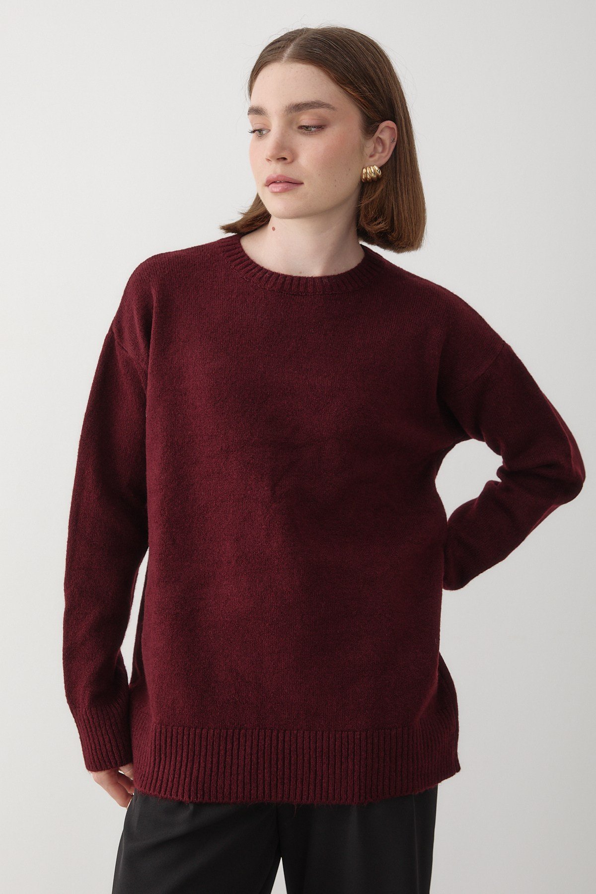 Kadın Bordo Bisiklet Yaka Oversize Triko Kazak