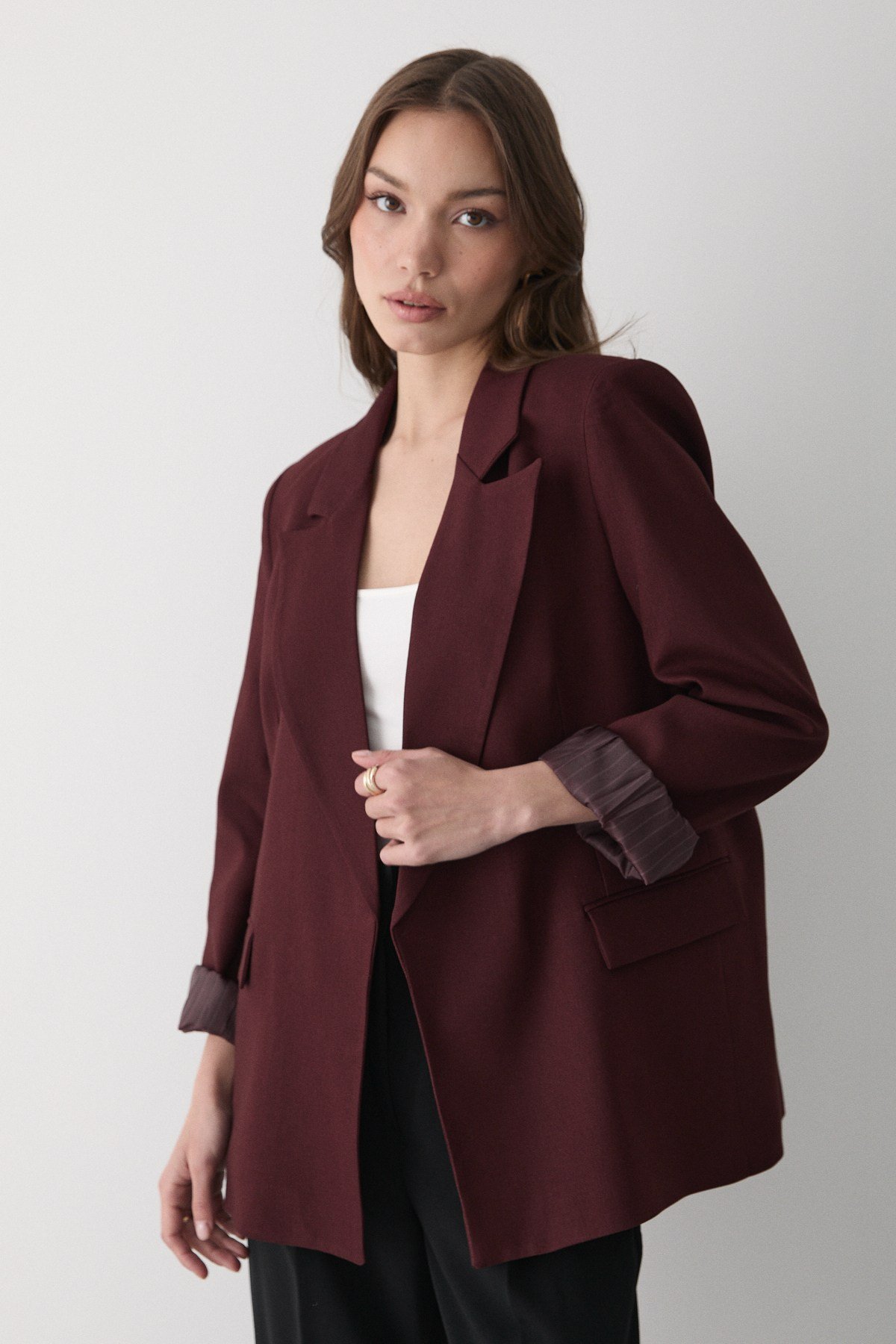 Kadın Bordo Çizgili Içi Astarlı Kol Detaylı Blazer Ceket