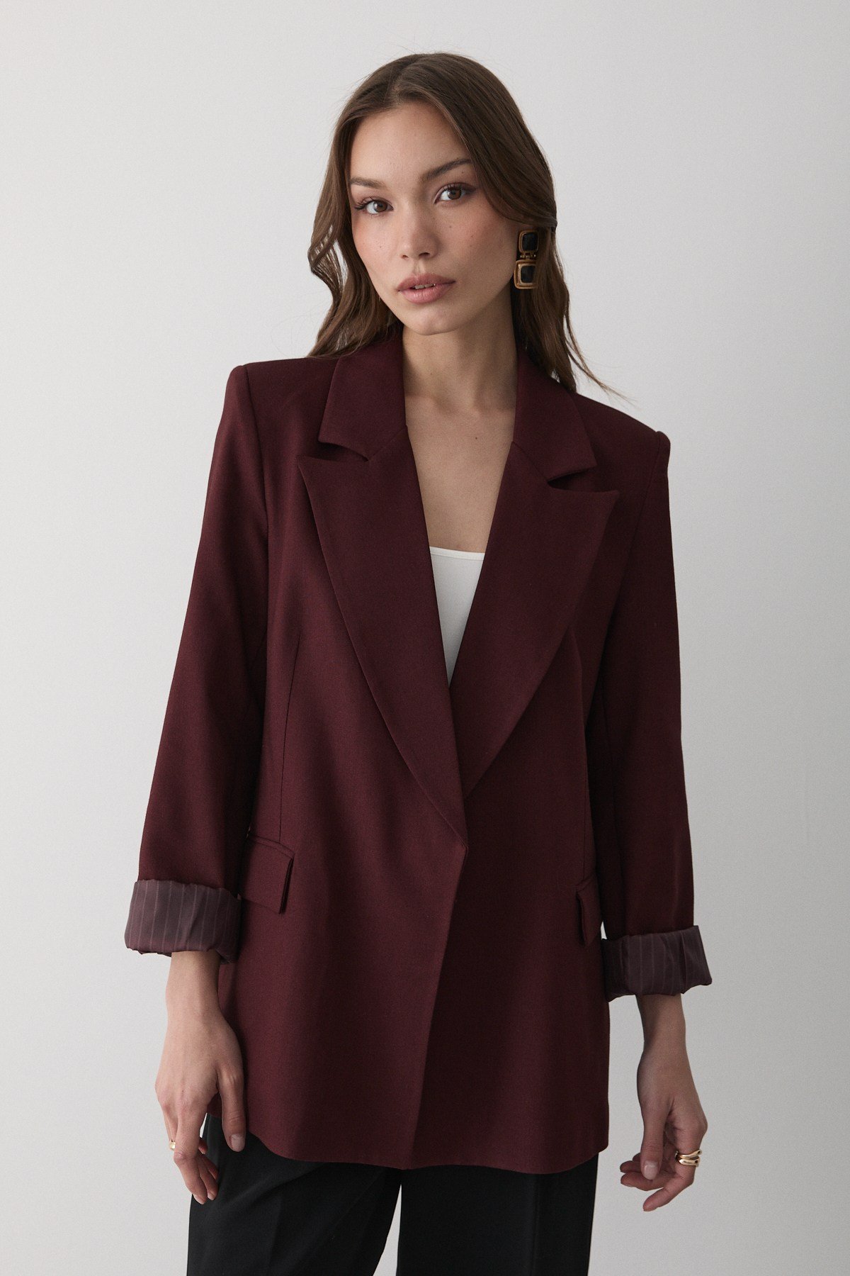 Kadın Bordo Çizgili Içi Astarlı Kol Detaylı Blazer Ceket