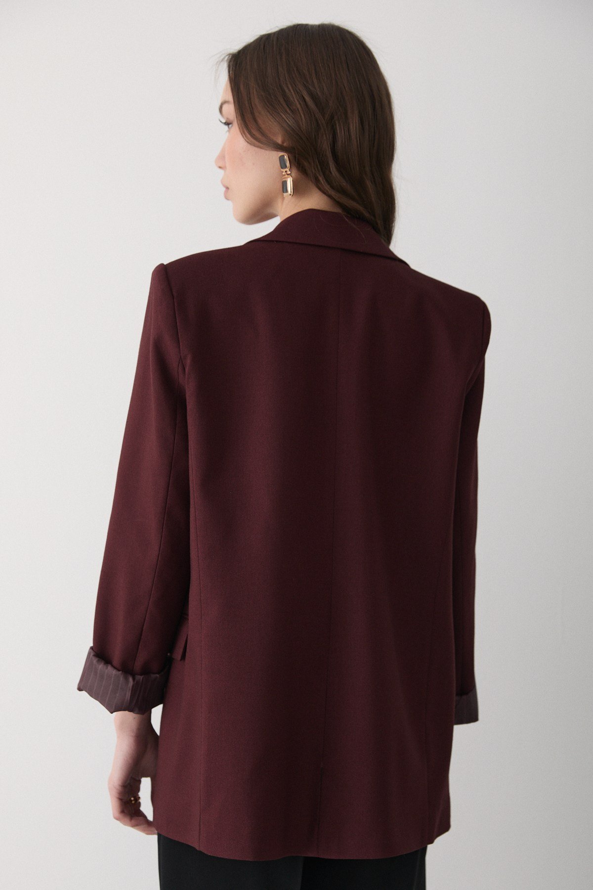 Kadın Bordo Çizgili Içi Astarlı Kol Detaylı Blazer Ceket