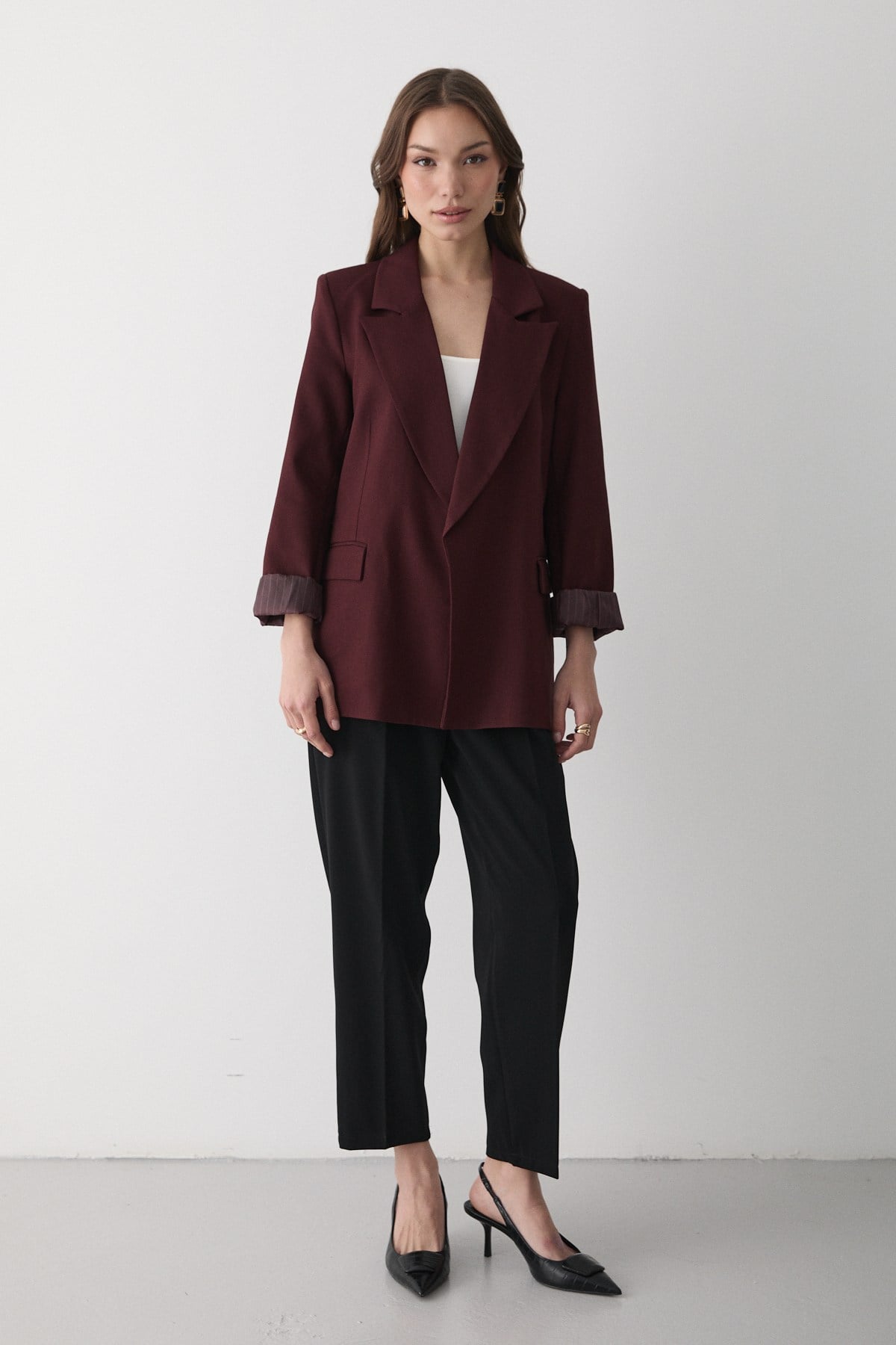 Kadın Bordo Çizgili Içi Astarlı Kol Detaylı Blazer Ceket