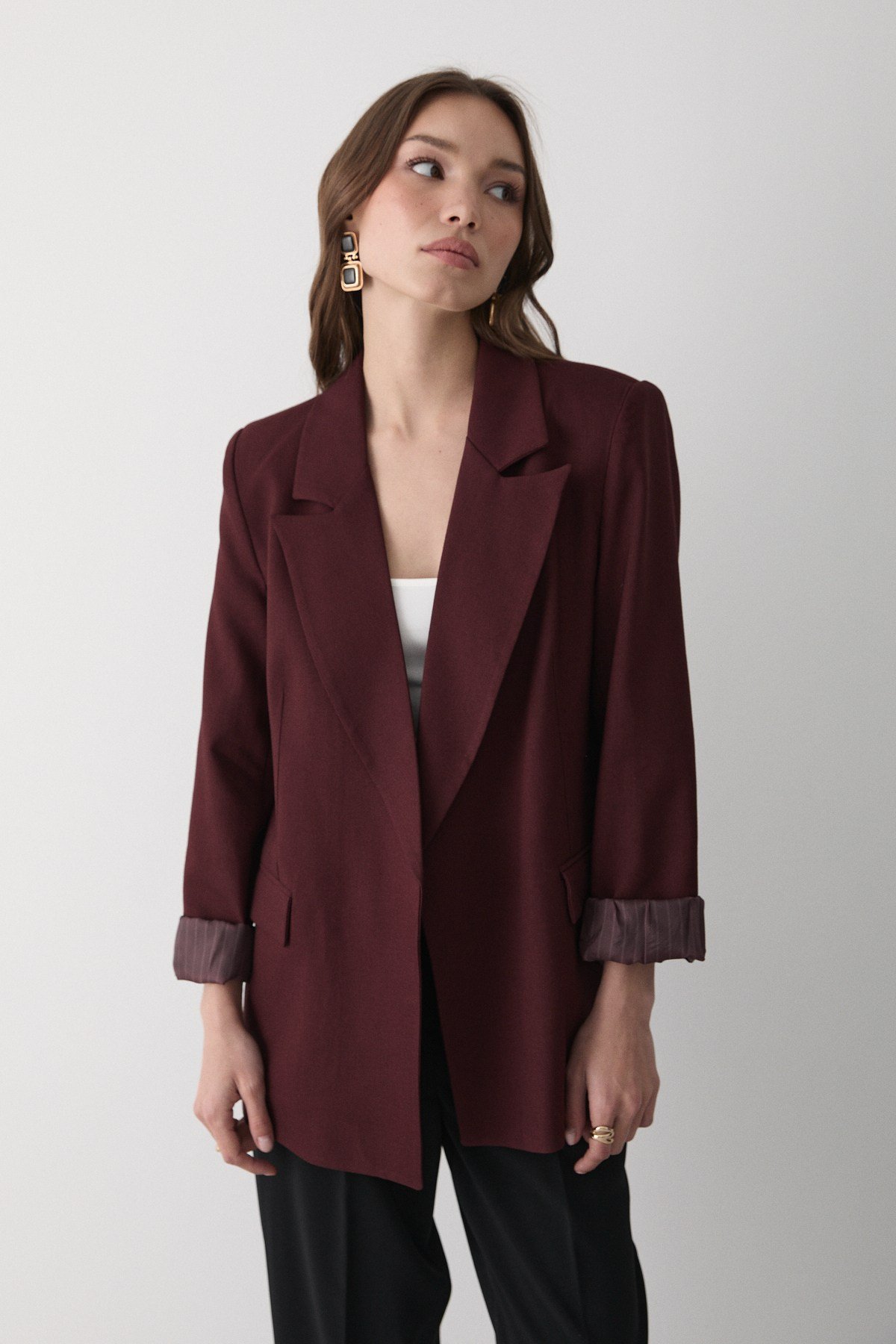 Kadın Bordo Çizgili Içi Astarlı Kol Detaylı Blazer Ceket