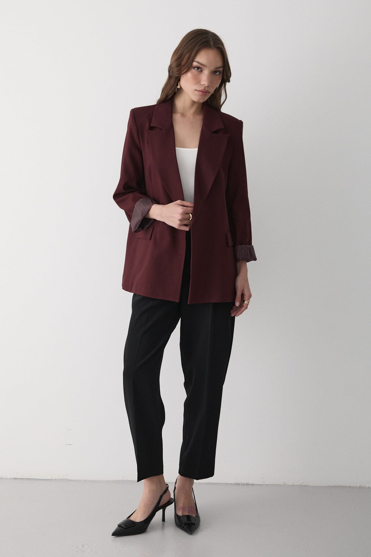 Kadın Bordo Çizgili Içi Astarlı Kol Detaylı Blazer Ceket
