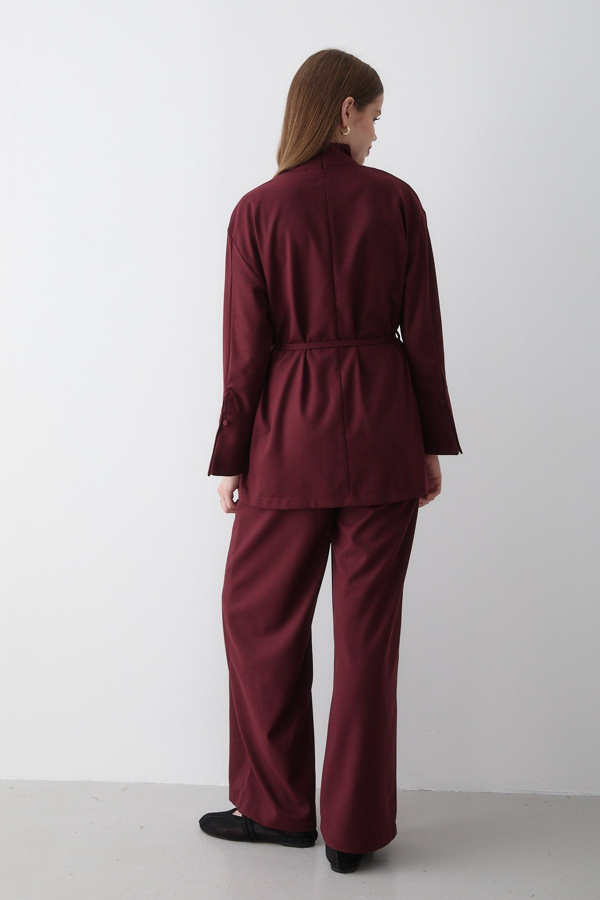 Kadın Bordo Dik Yaka Kuşaklı Tunik & Düğme Detaylı Beli Lastikli Pantolon Alt&Üst Takım