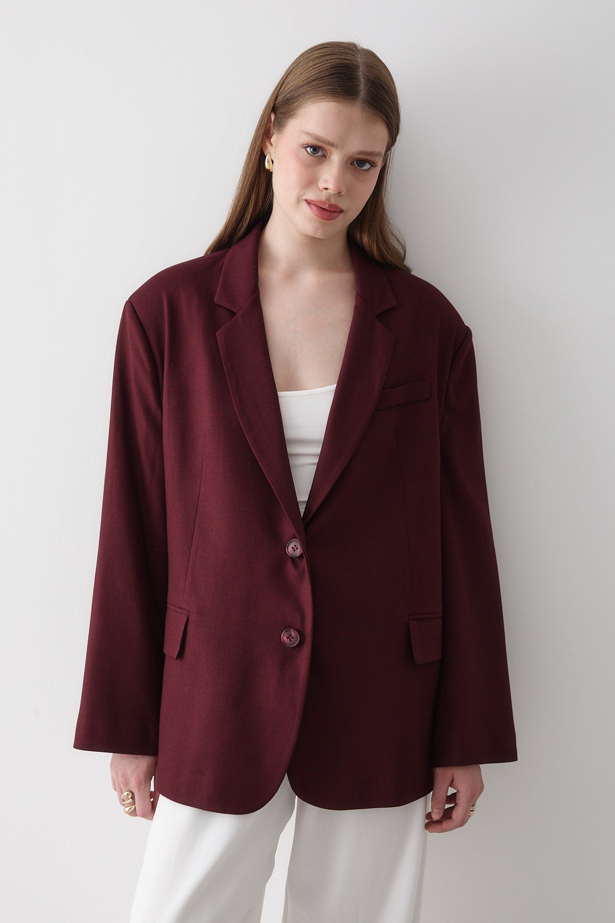 Kadın Bordo Kruvaze Kemer Detaylı Oversize Blazer Ceket