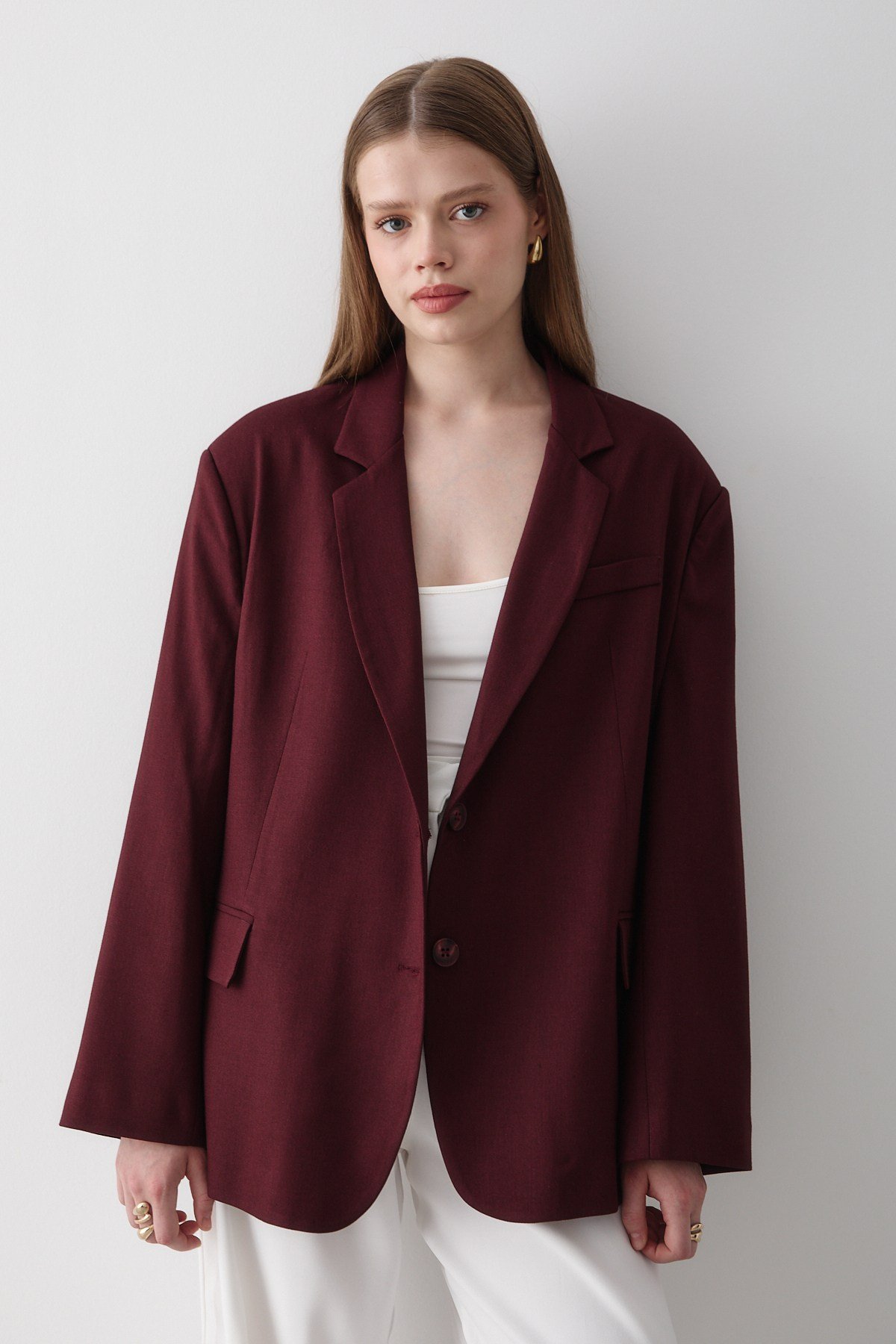 Kadın Bordo Kruvaze Kemer Detaylı Oversize Blazer Ceket