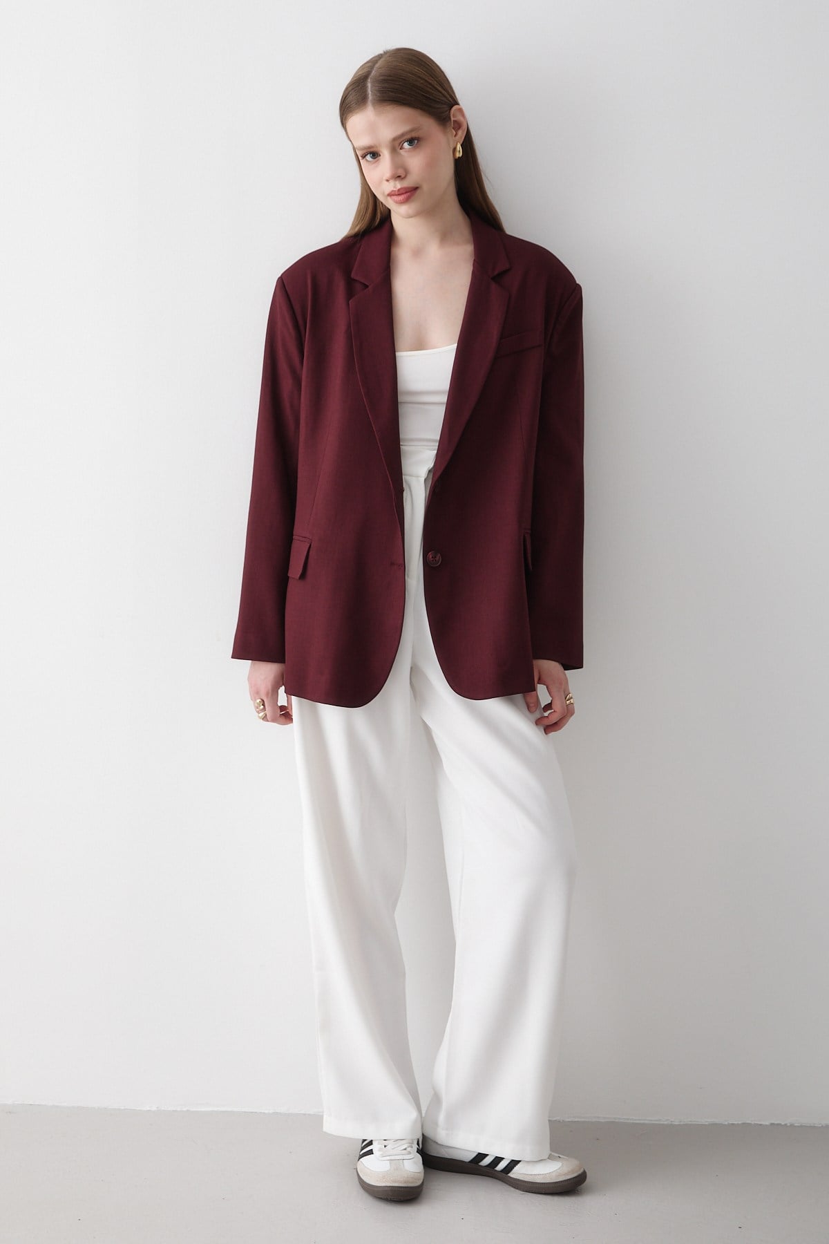 Kadın Bordo Kruvaze Kemer Detaylı Oversize Blazer Ceket