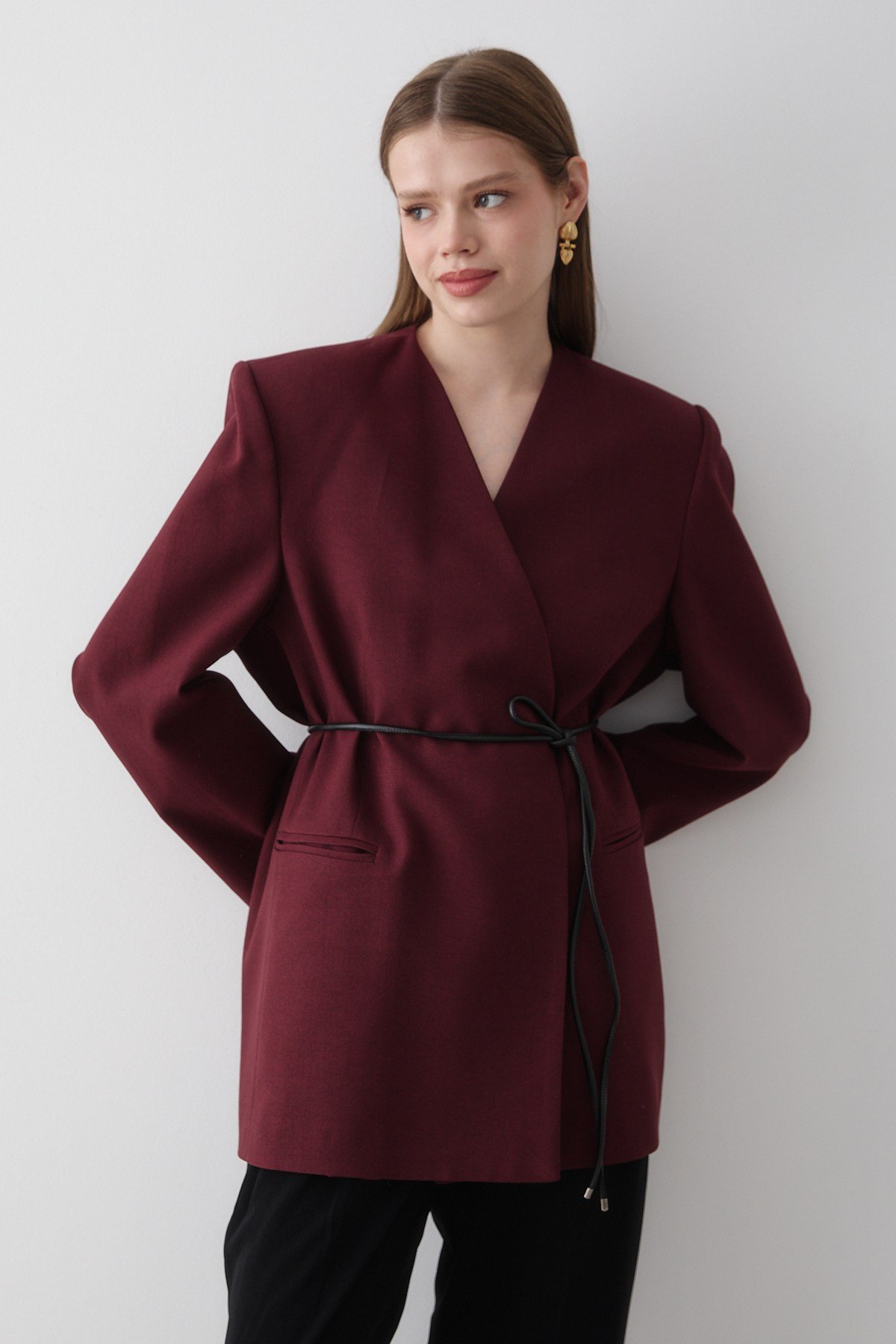 Kadın Bordo Kruvaze Kemer Detaylı Oversize Blazer Ceket