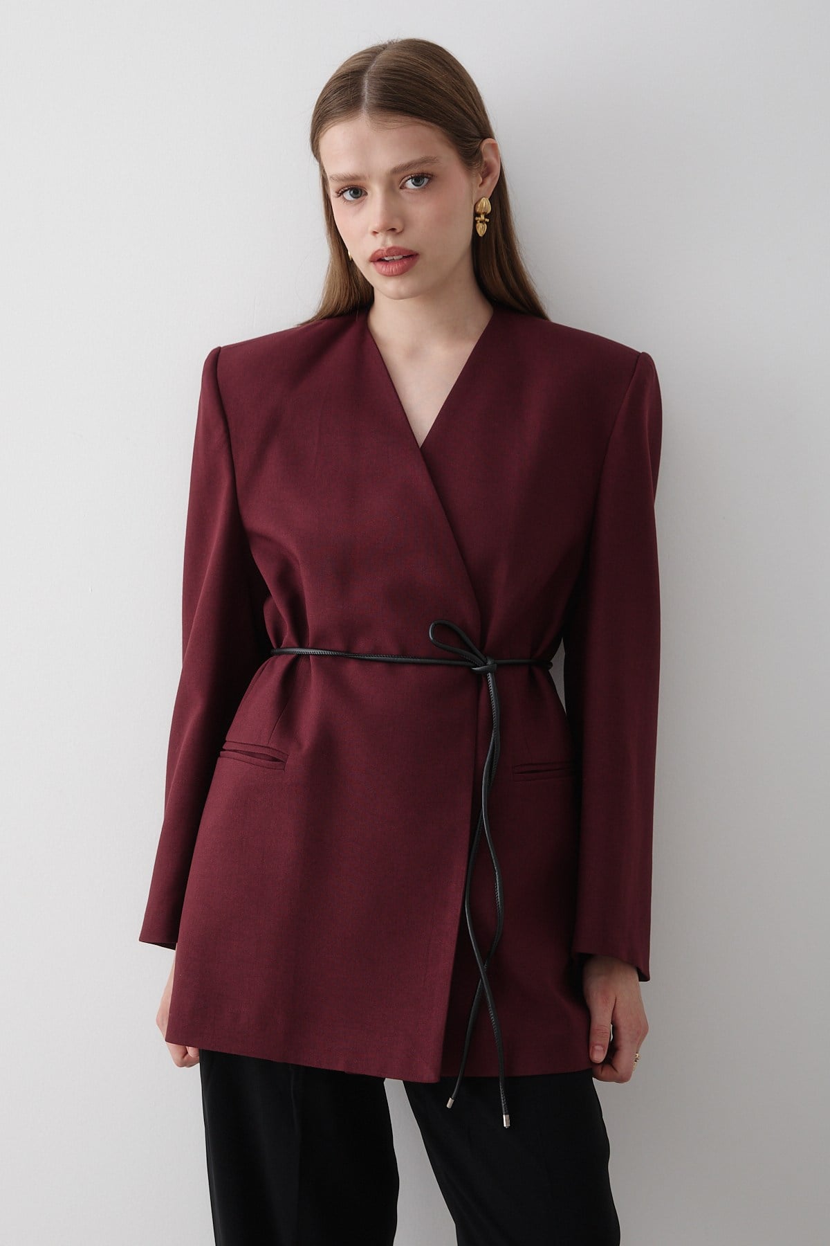 Kadın Bordo Kruvaze Kemer Detaylı Oversize Blazer Ceket