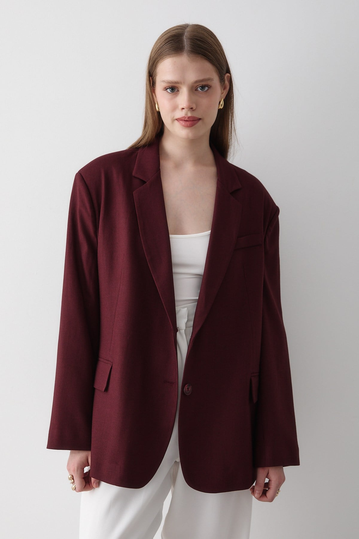 Kadın Bordo Kruvaze Kemer Detaylı Oversize Blazer Ceket