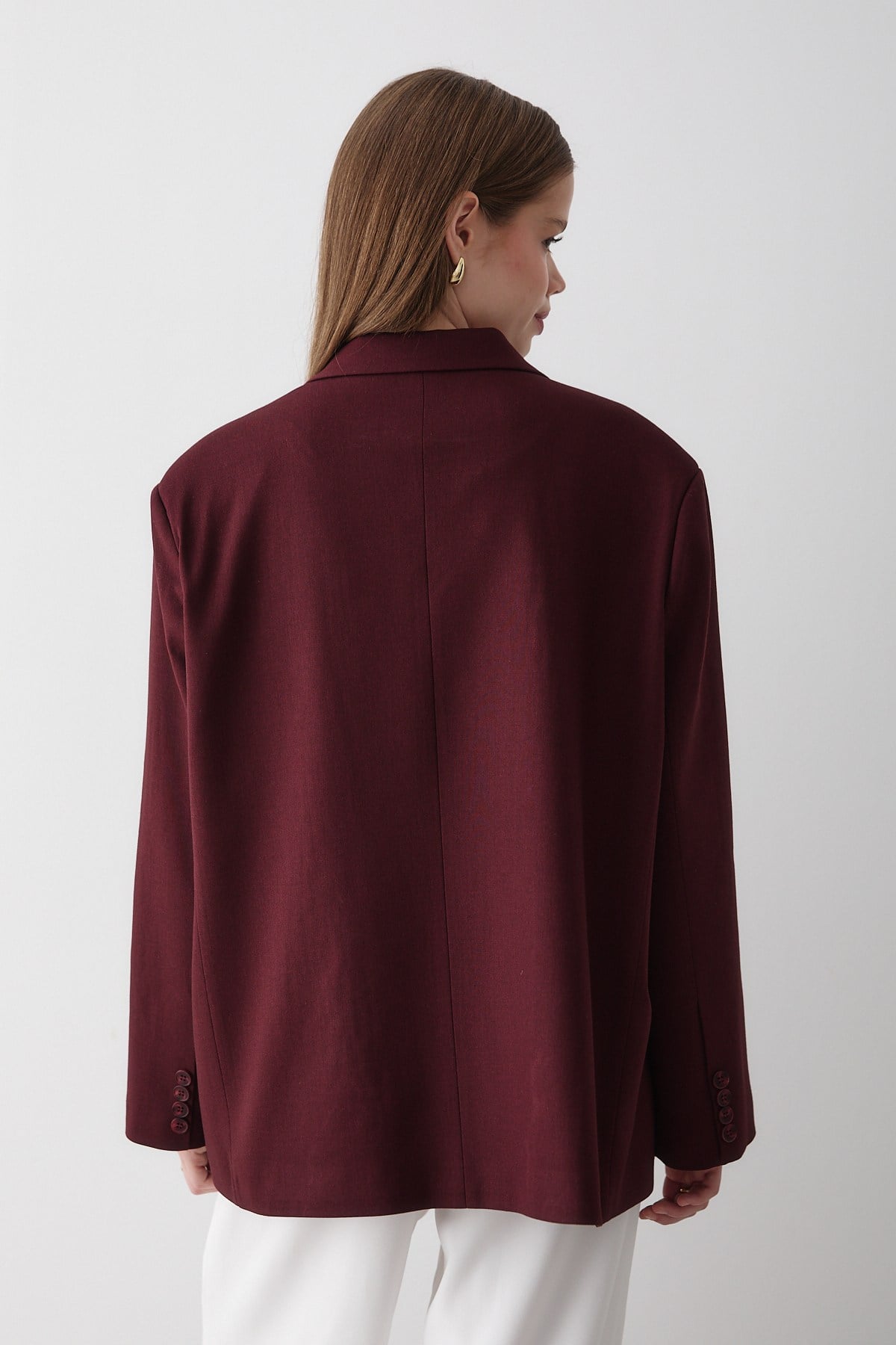 Kadın Bordo Kruvaze Kemer Detaylı Oversize Blazer Ceket