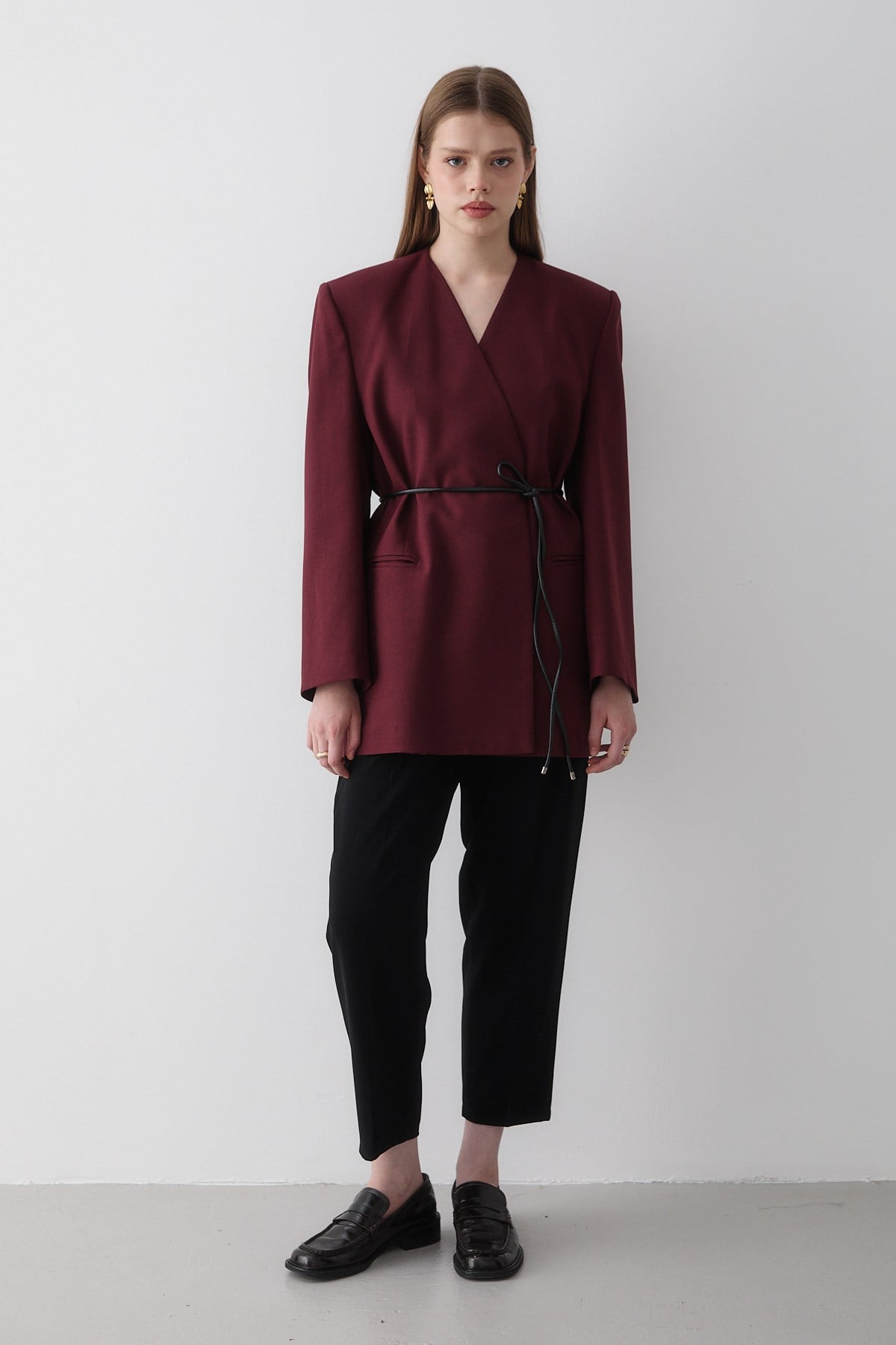 Kadın Bordo Kruvaze Kemer Detaylı Oversize Blazer Ceket
