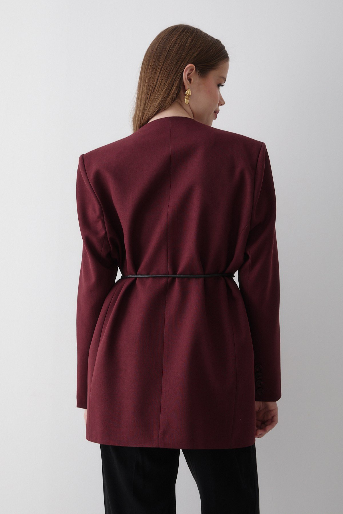 Kadın Bordo Kruvaze Kemer Detaylı Oversize Blazer Ceket