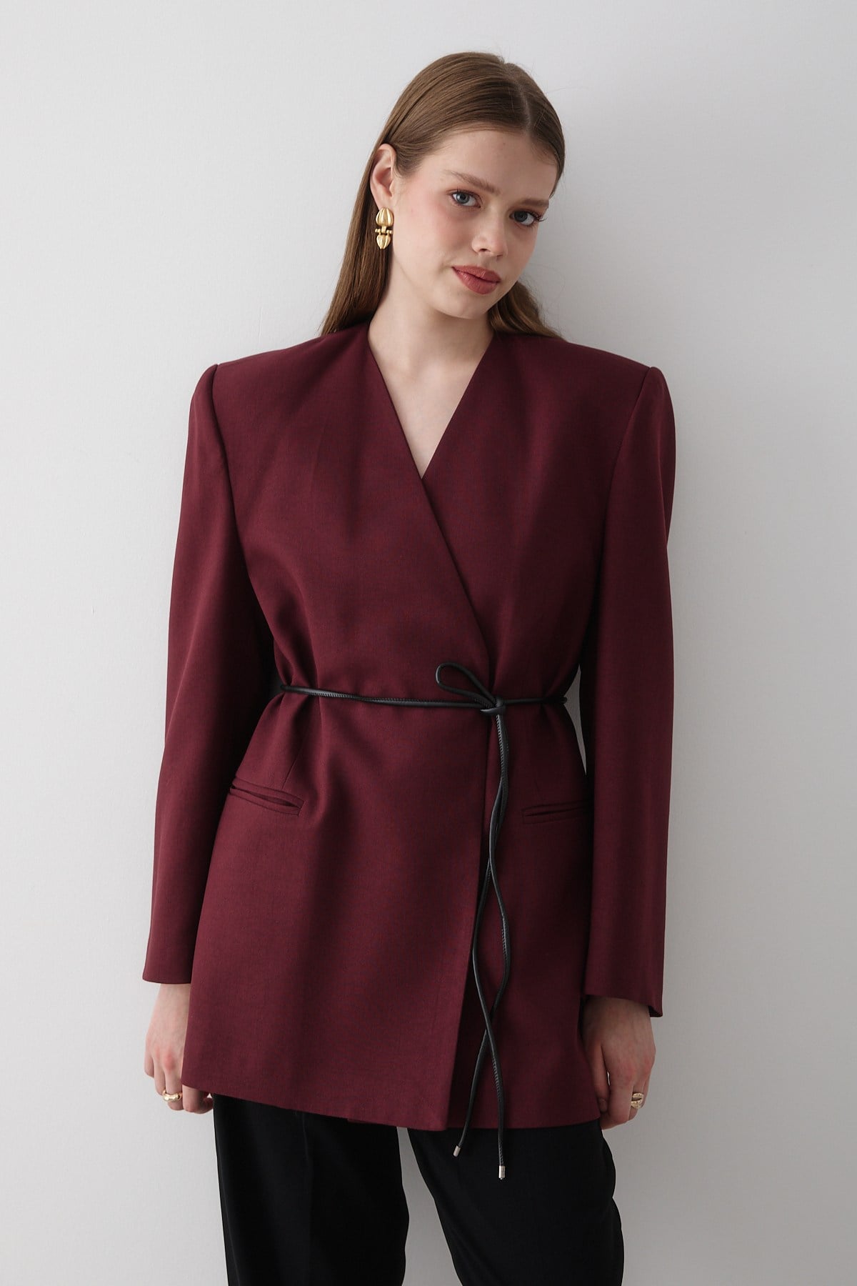 Kadın Bordo Kruvaze Kemer Detaylı Oversize Blazer Ceket