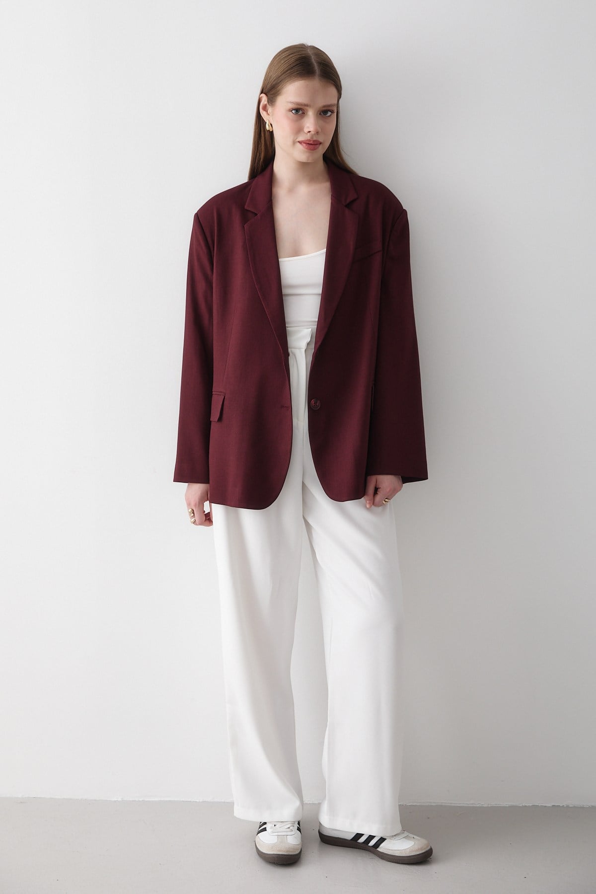 Kadın Bordo Kruvaze Kemer Detaylı Oversize Blazer Ceket