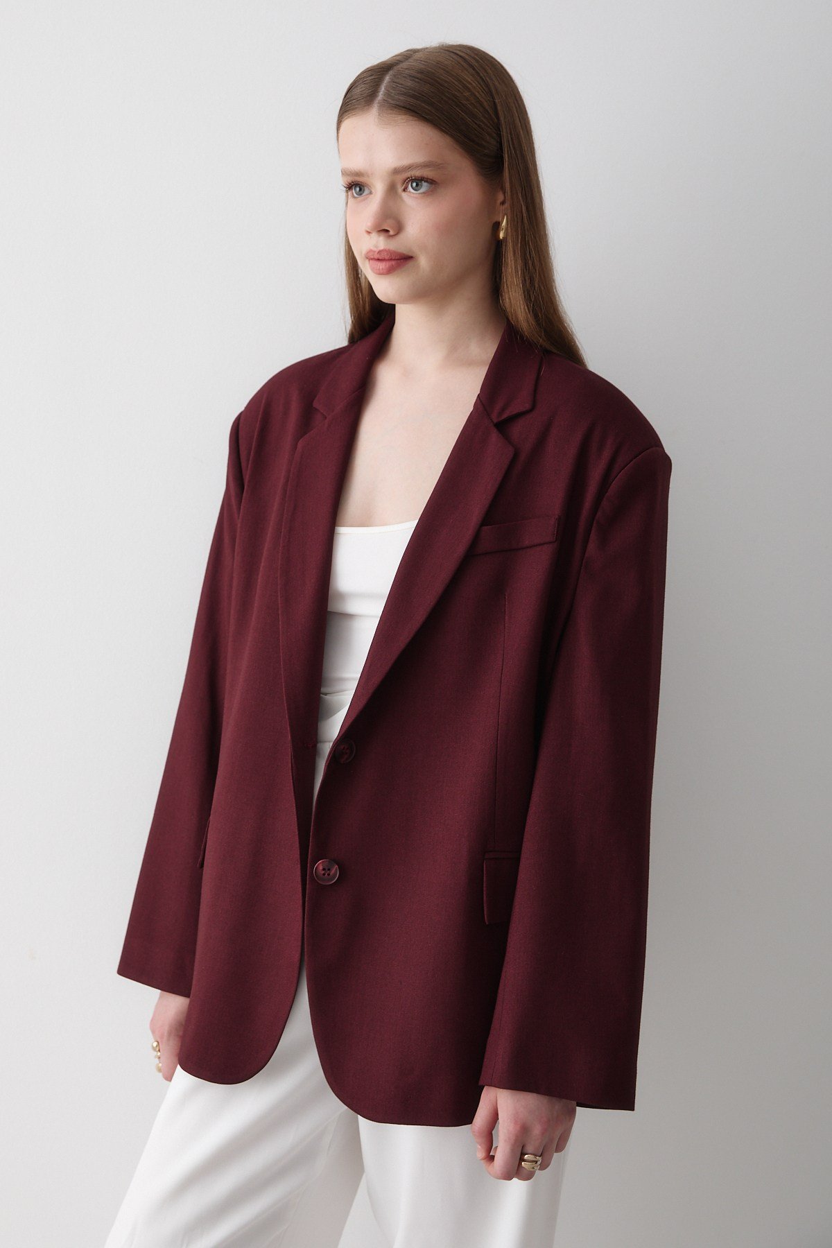 Kadın Bordo Kruvaze Kemer Detaylı Oversize Blazer Ceket