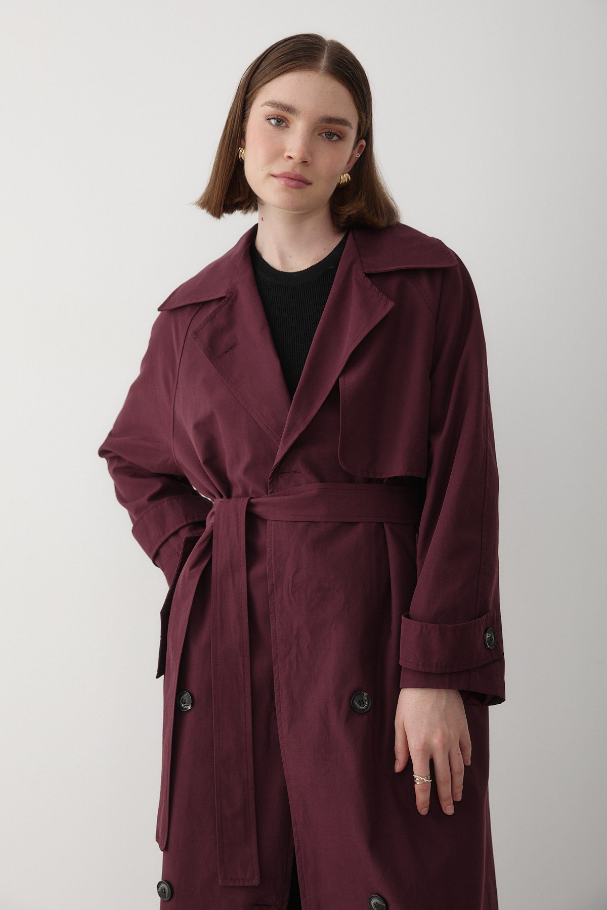 Kadın Bordo Kruvaze Yaka Astarlı Trençkot