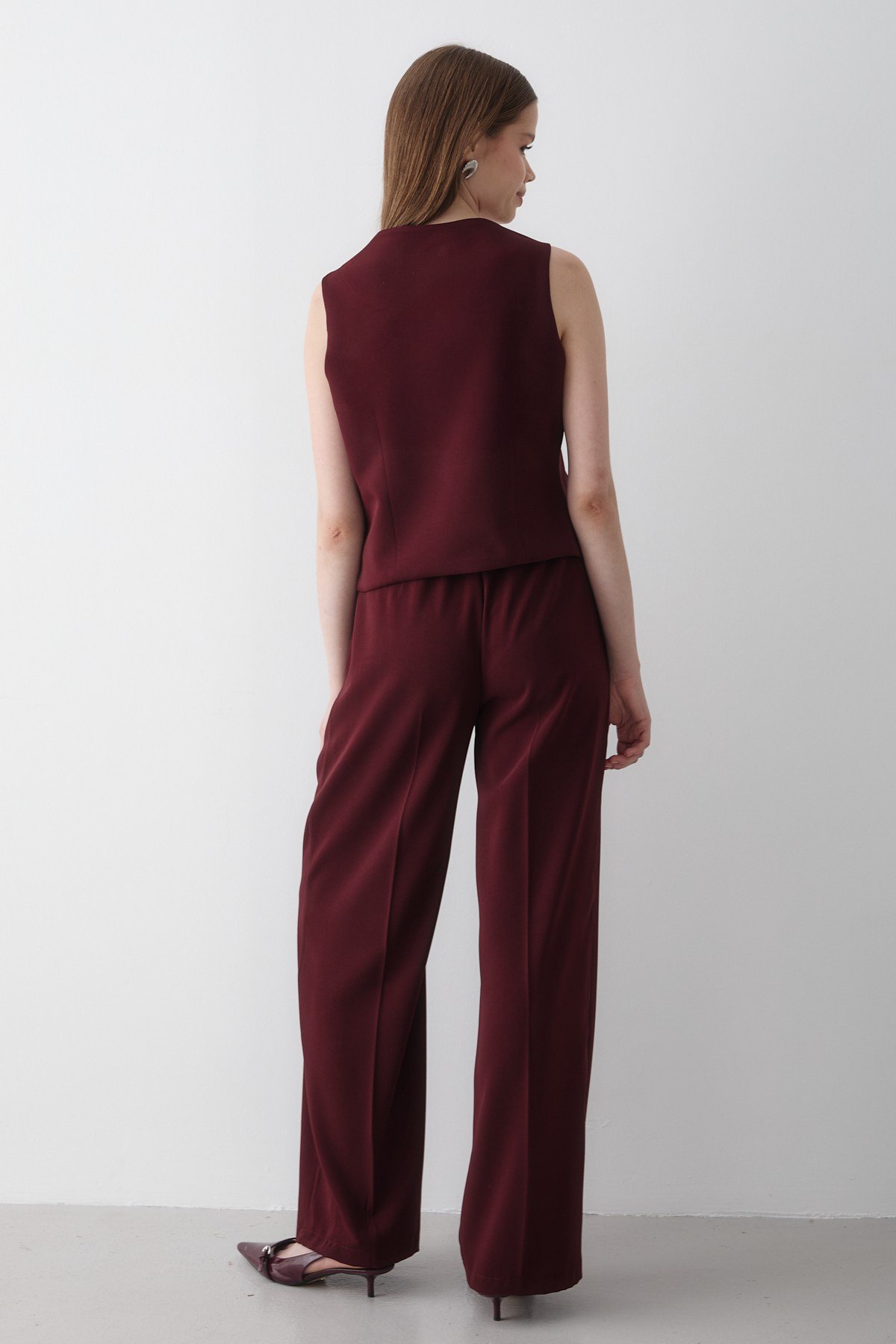 Kadın Bordo Kurdele Detaylı Yelek & Düğme Detaylı Beli Lastikli Pantolon Alt&Üst Takım