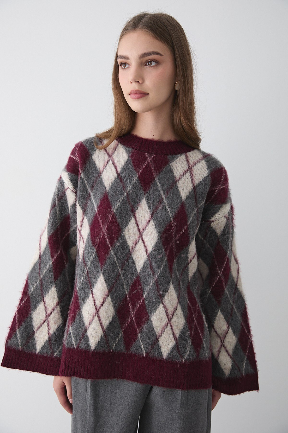 Kadın Bordo Oversize Argyle Desenli Triko Kazak