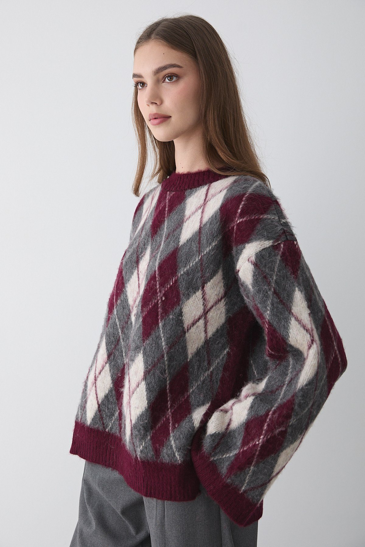 Kadın Bordo Oversize Argyle Desenli Triko Kazak