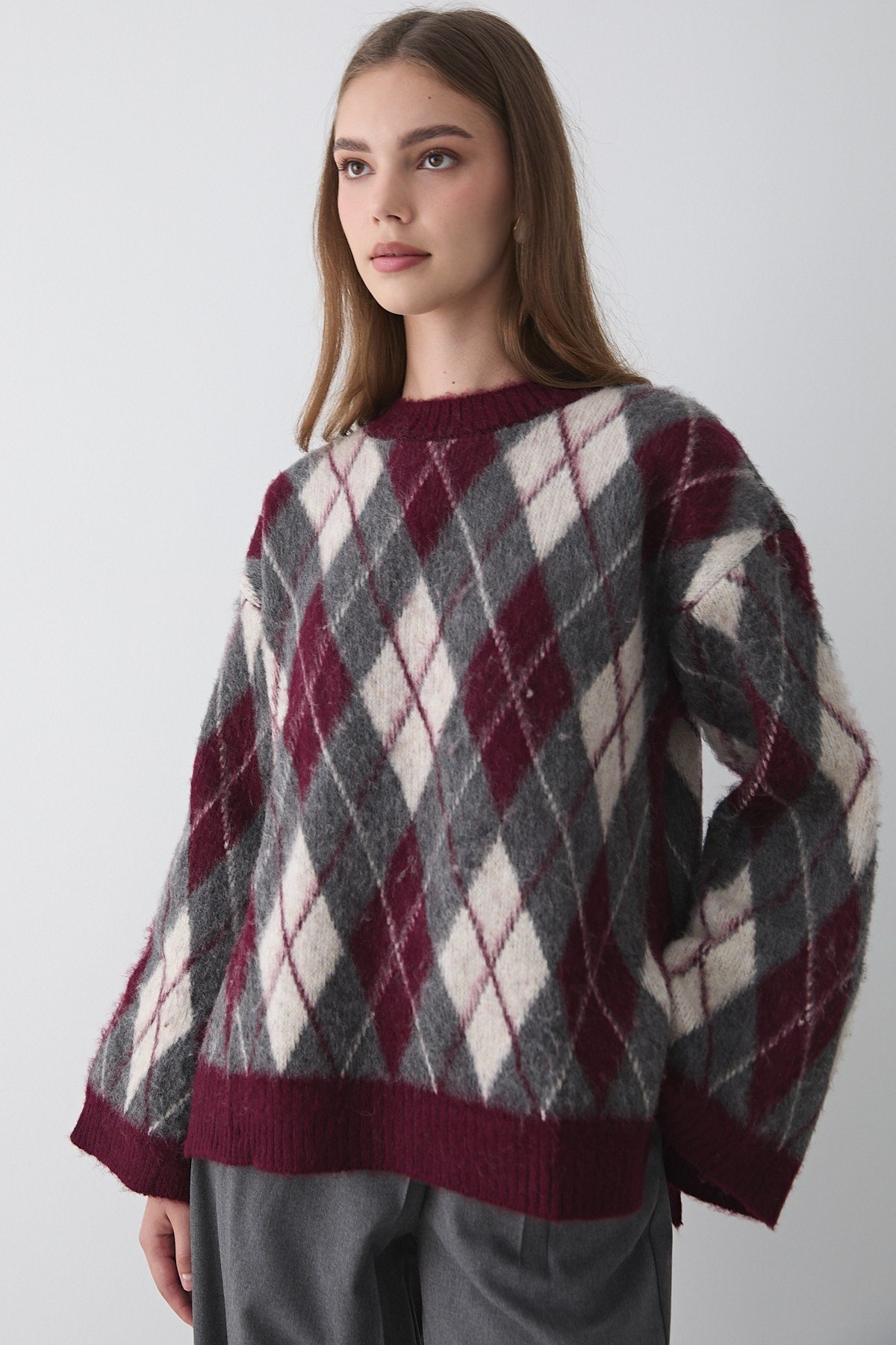 Kadın Bordo Oversize Argyle Desenli Triko Kazak