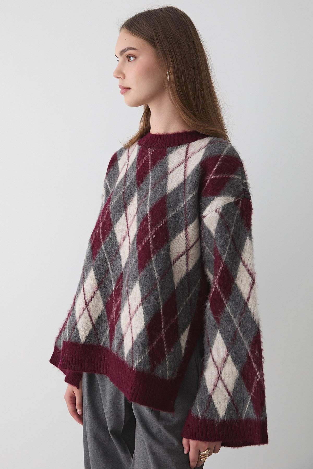 Kadın Bordo Oversize Argyle Desenli Triko Kazak
