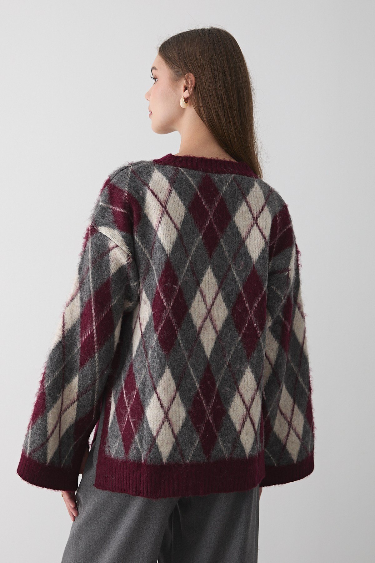 Kadın Bordo Oversize Argyle Desenli Triko Kazak