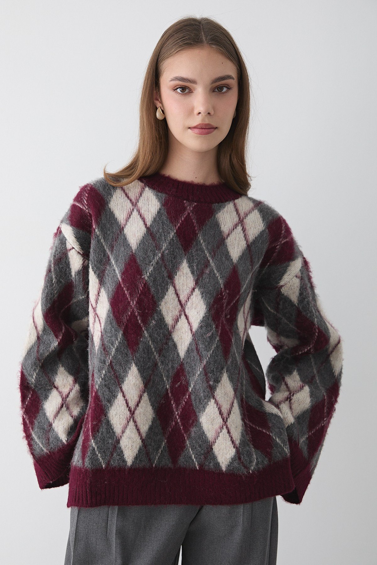 Kadın Bordo Oversize Argyle Desenli Triko Kazak