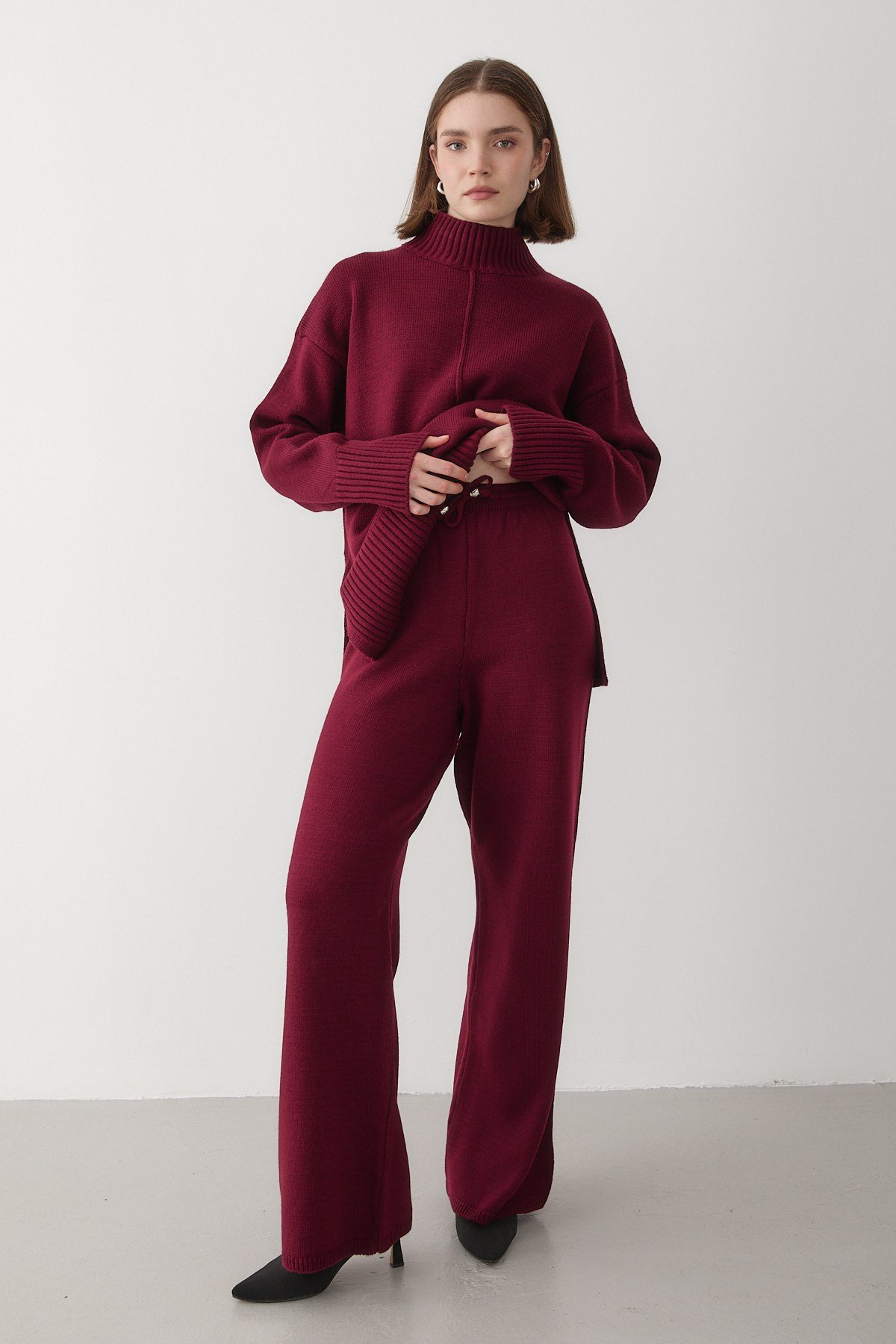 Kadın Bordo Oversize Balıkçı Yaka Triko Kazak & Beli Lastikli Pantolon Alt&Üst Takım