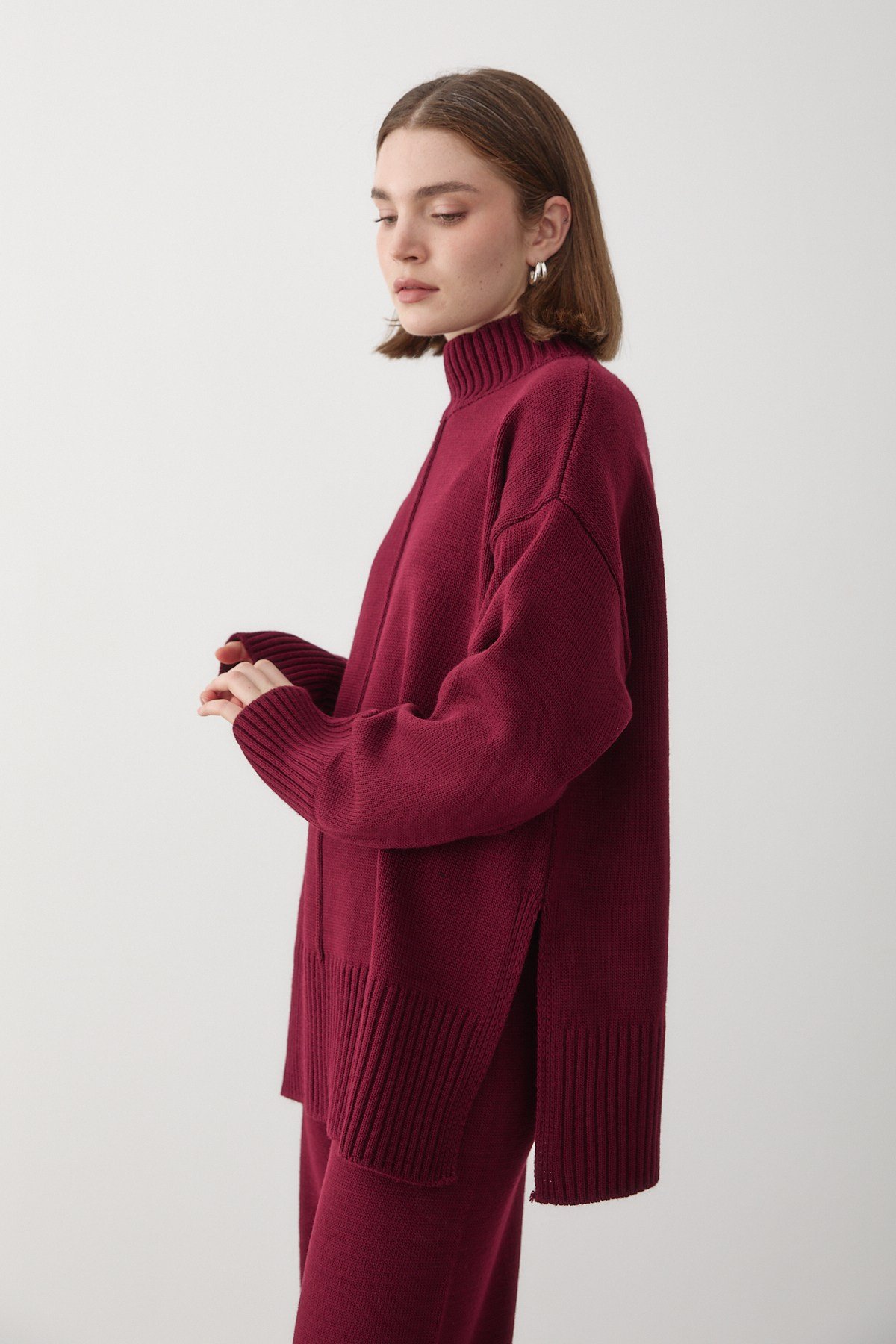 Kadın Bordo Oversize Balıkçı Yaka Triko Kazak & Beli Lastikli Pantolon Alt&Üst Takım