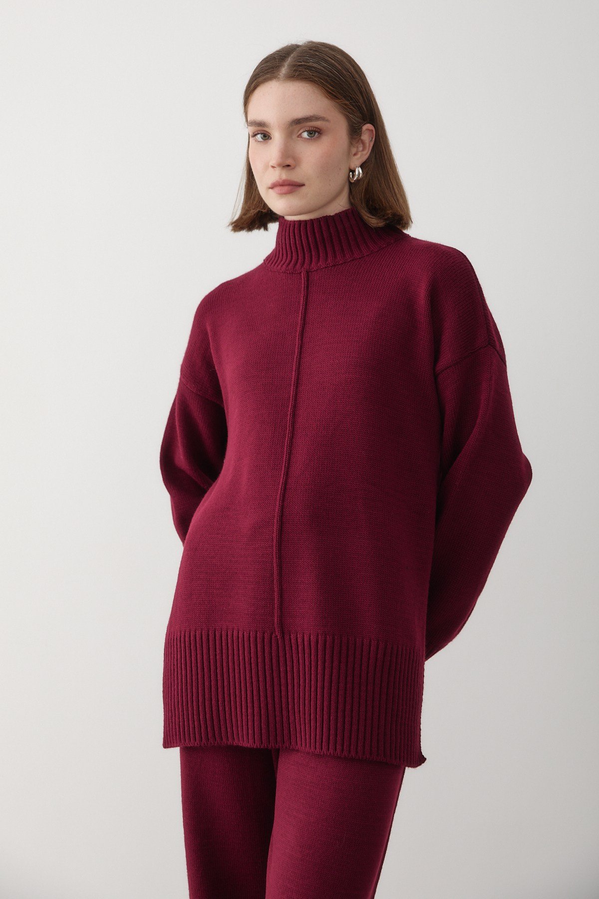 Kadın Bordo Oversize Balıkçı Yaka Triko Kazak & Beli Lastikli Pantolon Alt&Üst Takım