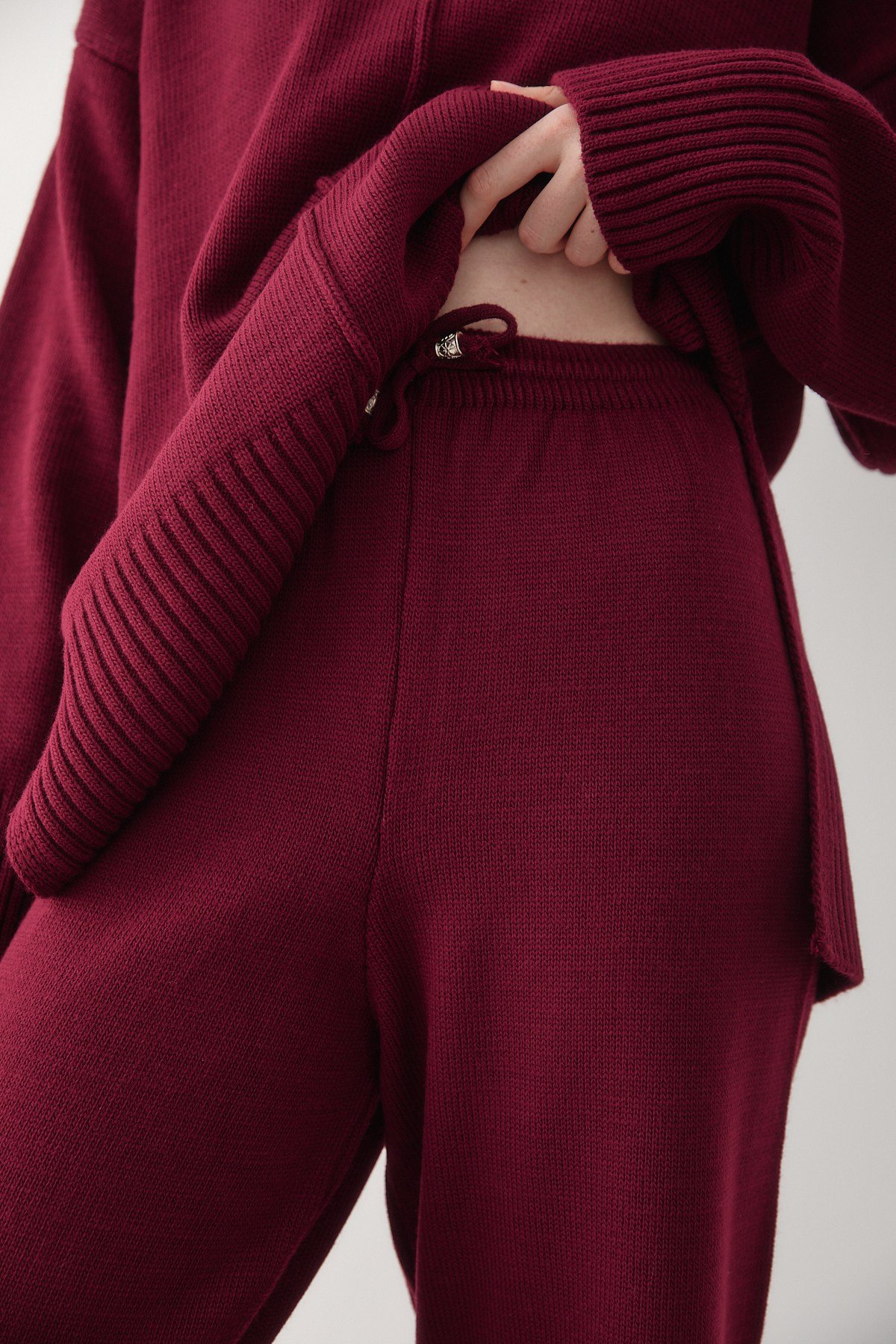 Kadın Bordo Oversize Balıkçı Yaka Triko Kazak & Beli Lastikli Pantolon Alt&Üst Takım