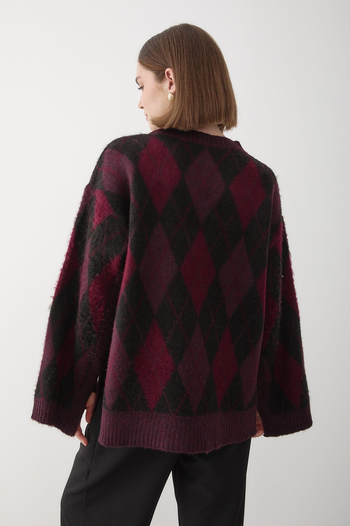 Kadın Bordo-Siyah Oversize Argyle Desenli Triko Kazak