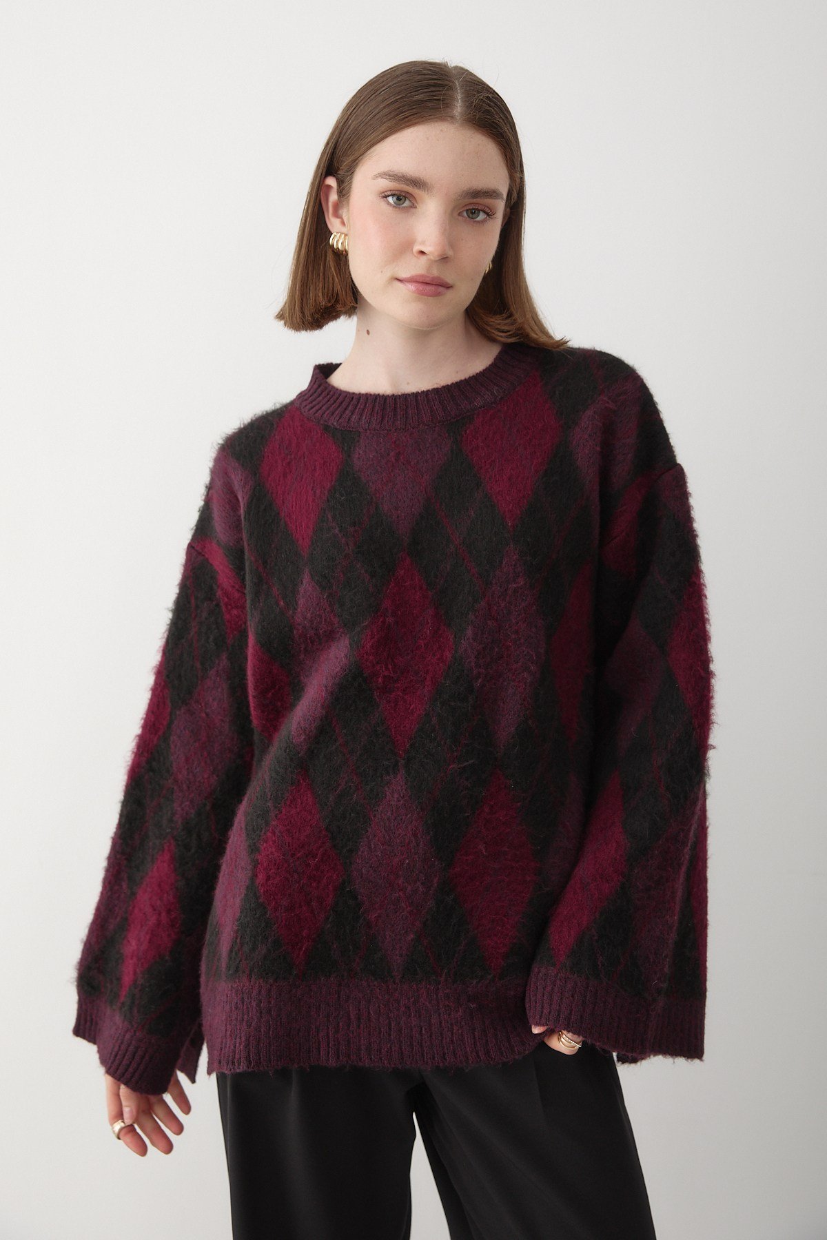 Kadın Bordo-Siyah Oversize Argyle Desenli Triko Kazak