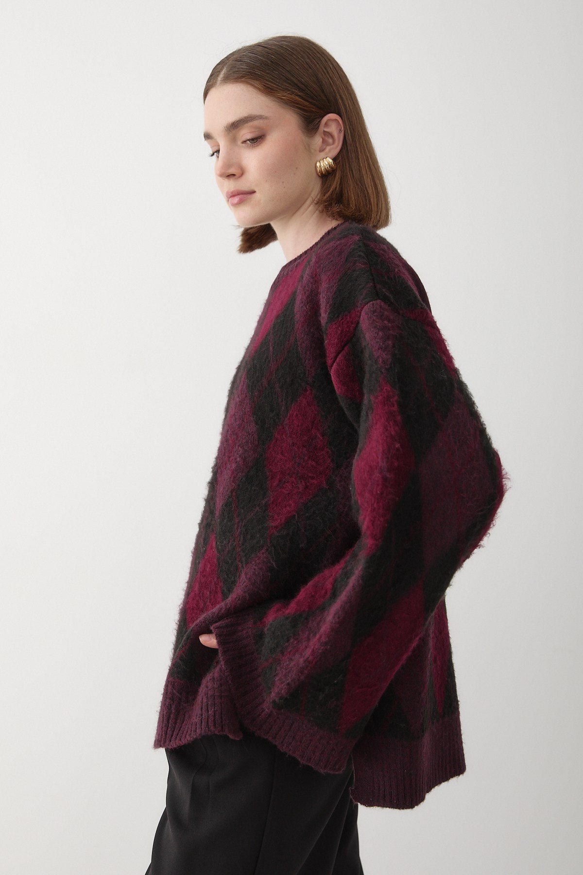 Kadın Bordo-Siyah Oversize Argyle Desenli Triko Kazak