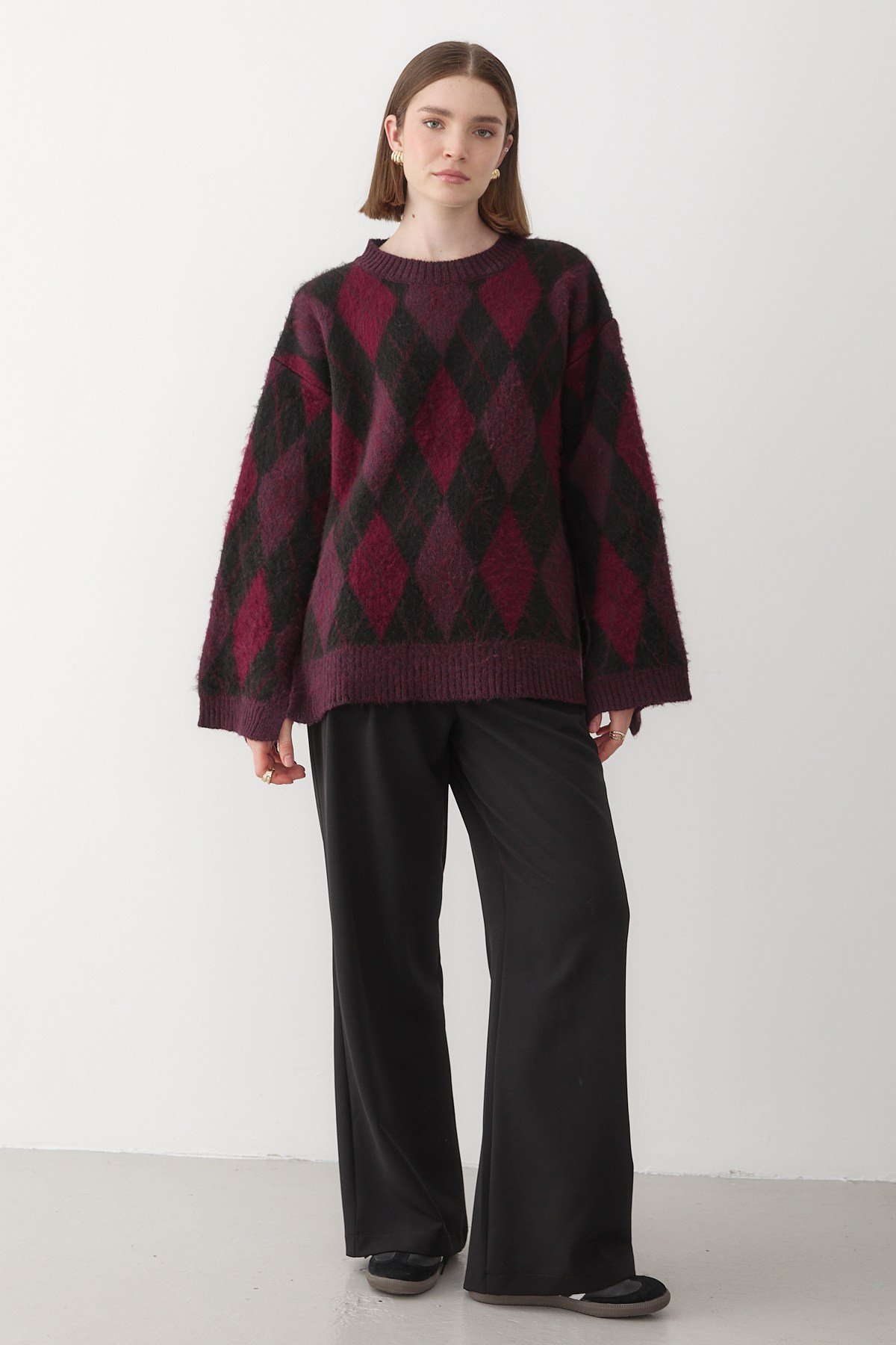Kadın Bordo-Siyah Oversize Argyle Desenli Triko Kazak