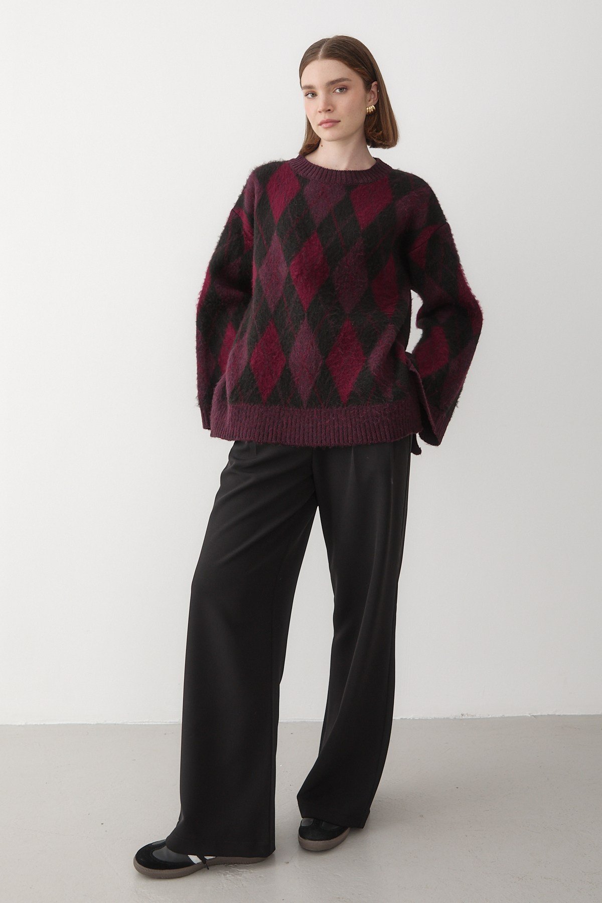 Kadın Bordo-Siyah Oversize Argyle Desenli Triko Kazak