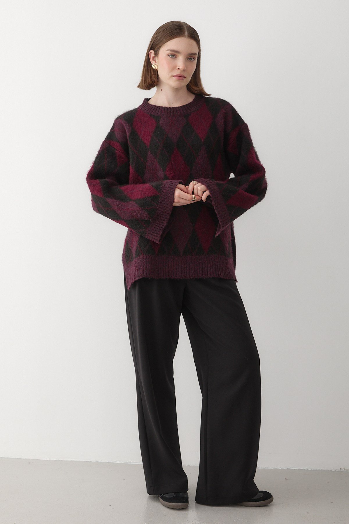 Kadın Bordo-Siyah Oversize Argyle Desenli Triko Kazak