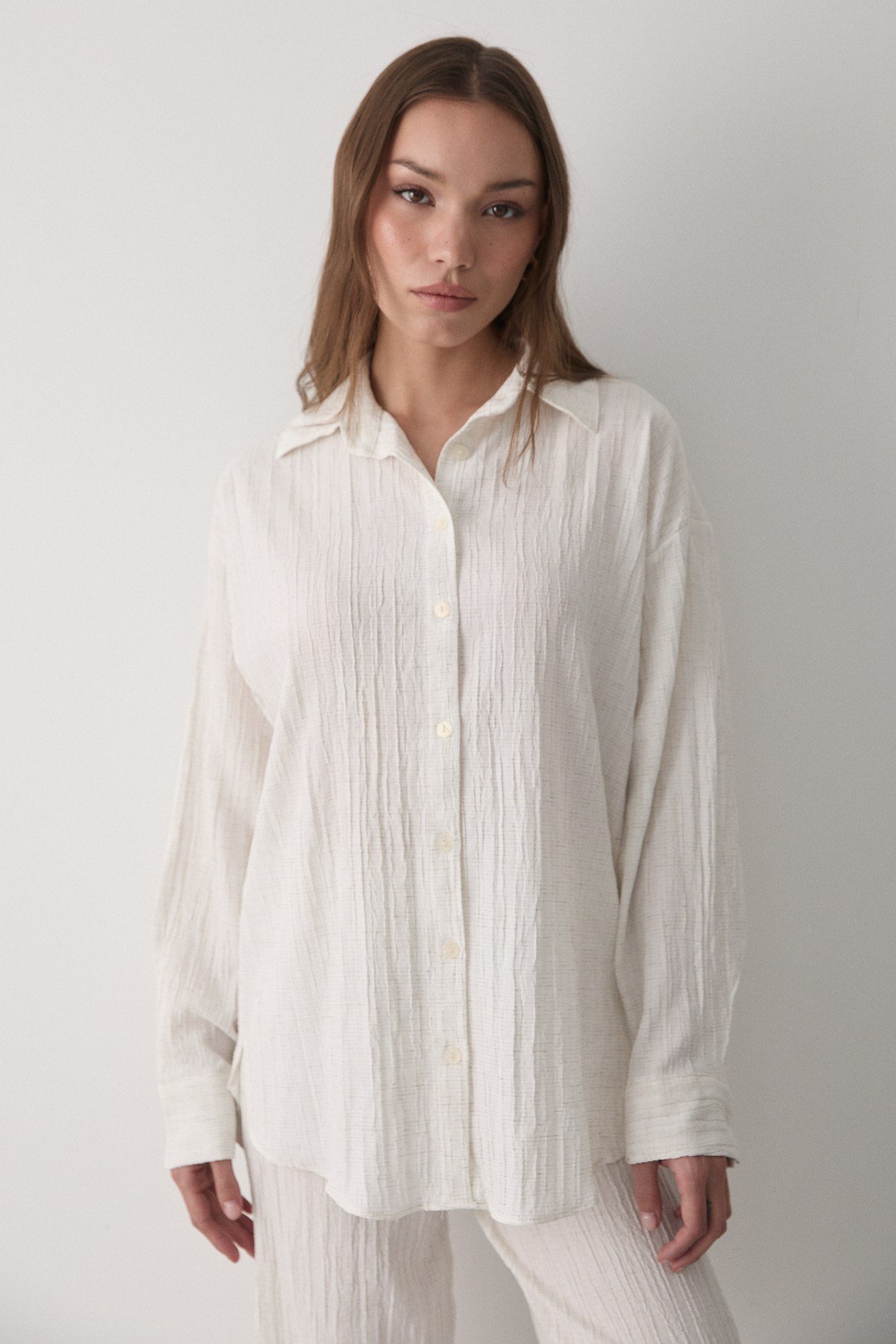 Kadın Ekru Oversize Keten Gömlek & Pantolon Takım Bağcıklı