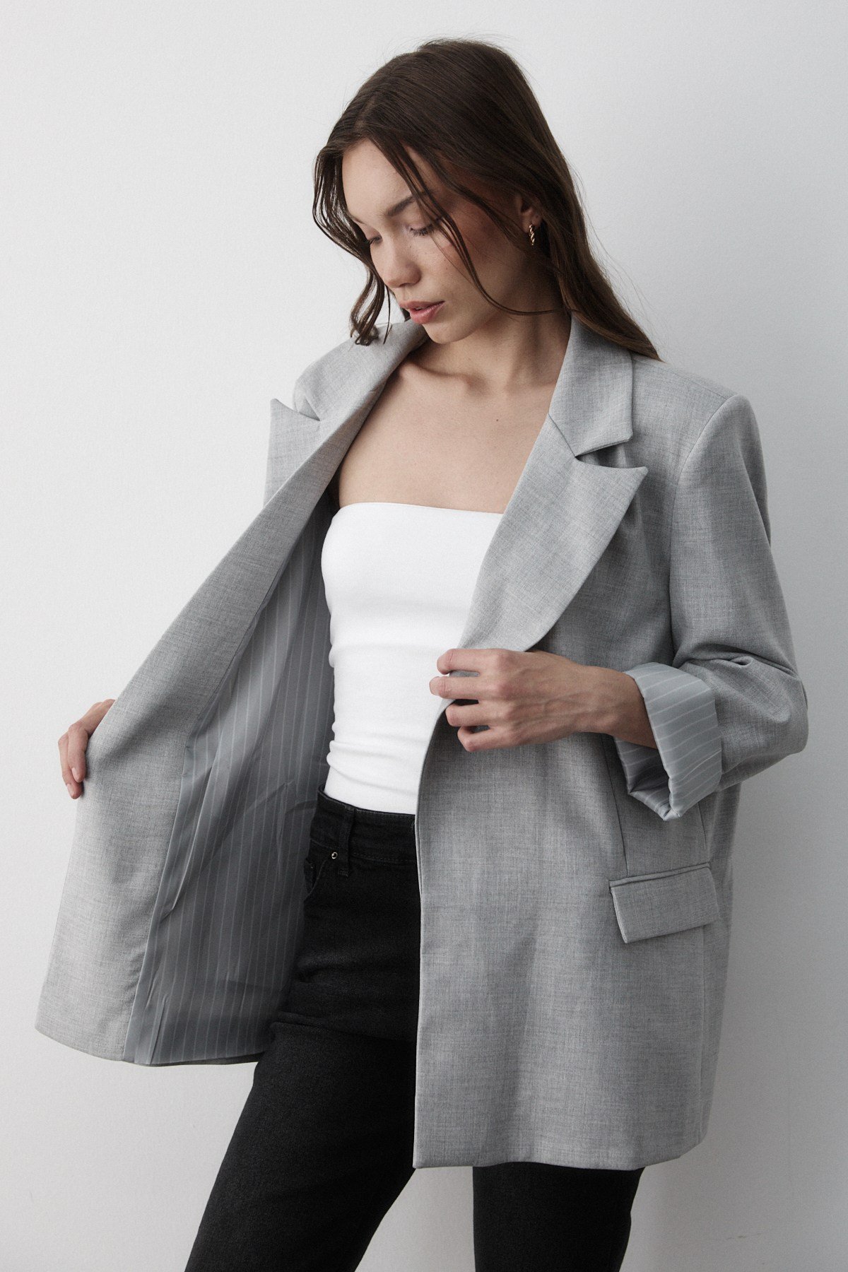 Kadın Gri Çizgili Içi Astarlı Kol Detaylı Blazer Ceket