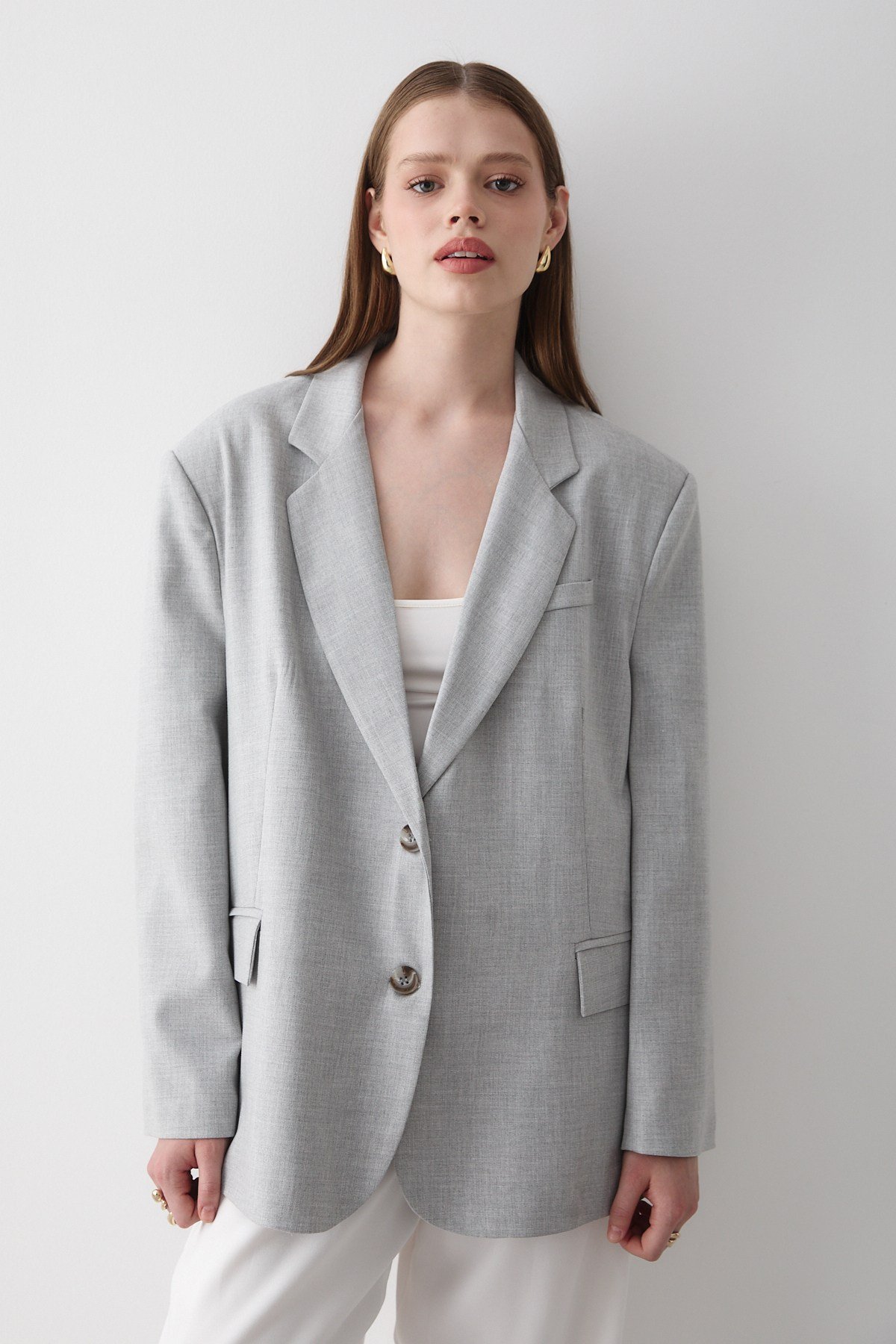Kadın Gri Düğme Detaylı Oversize Blazer Ceket