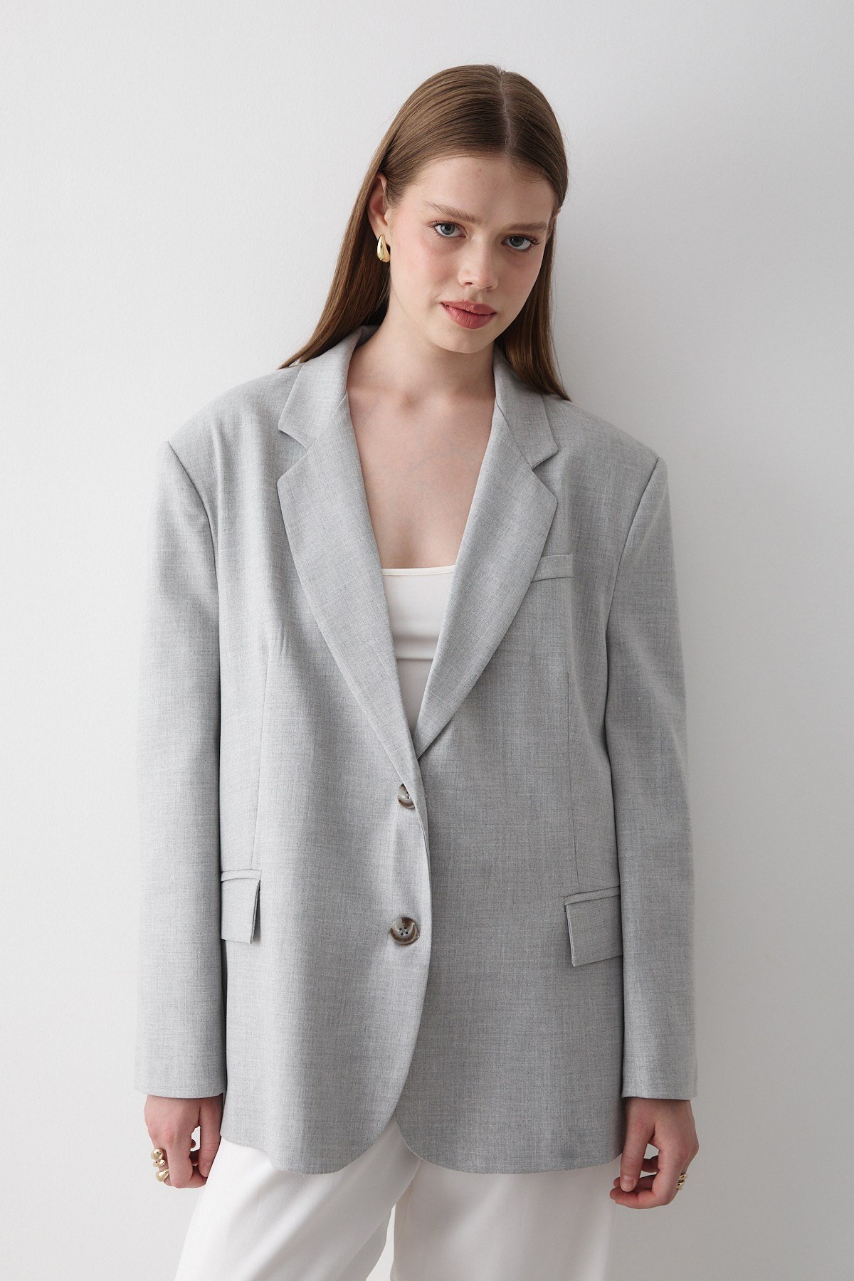 Kadın Gri Düğme Detaylı Oversize Blazer Ceket