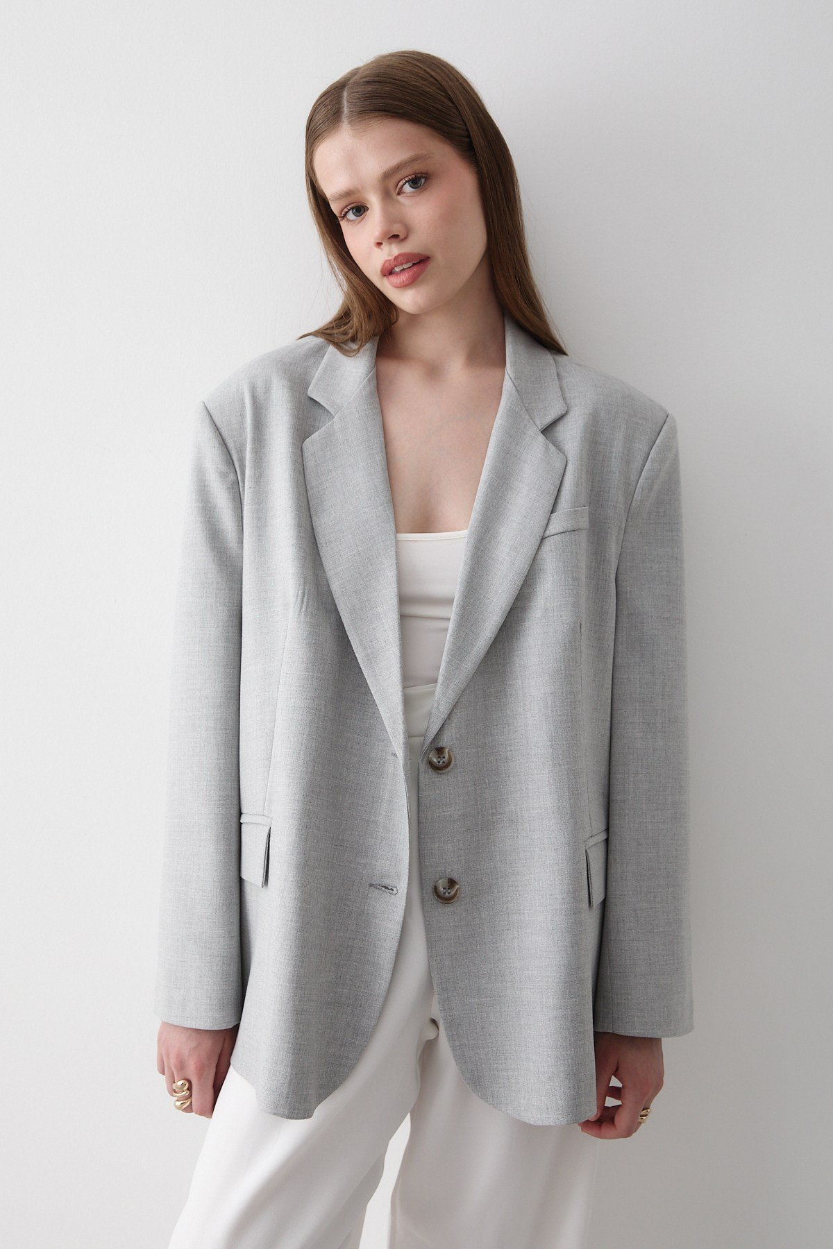 Kadın Gri Düğme Detaylı Oversize Blazer Ceket