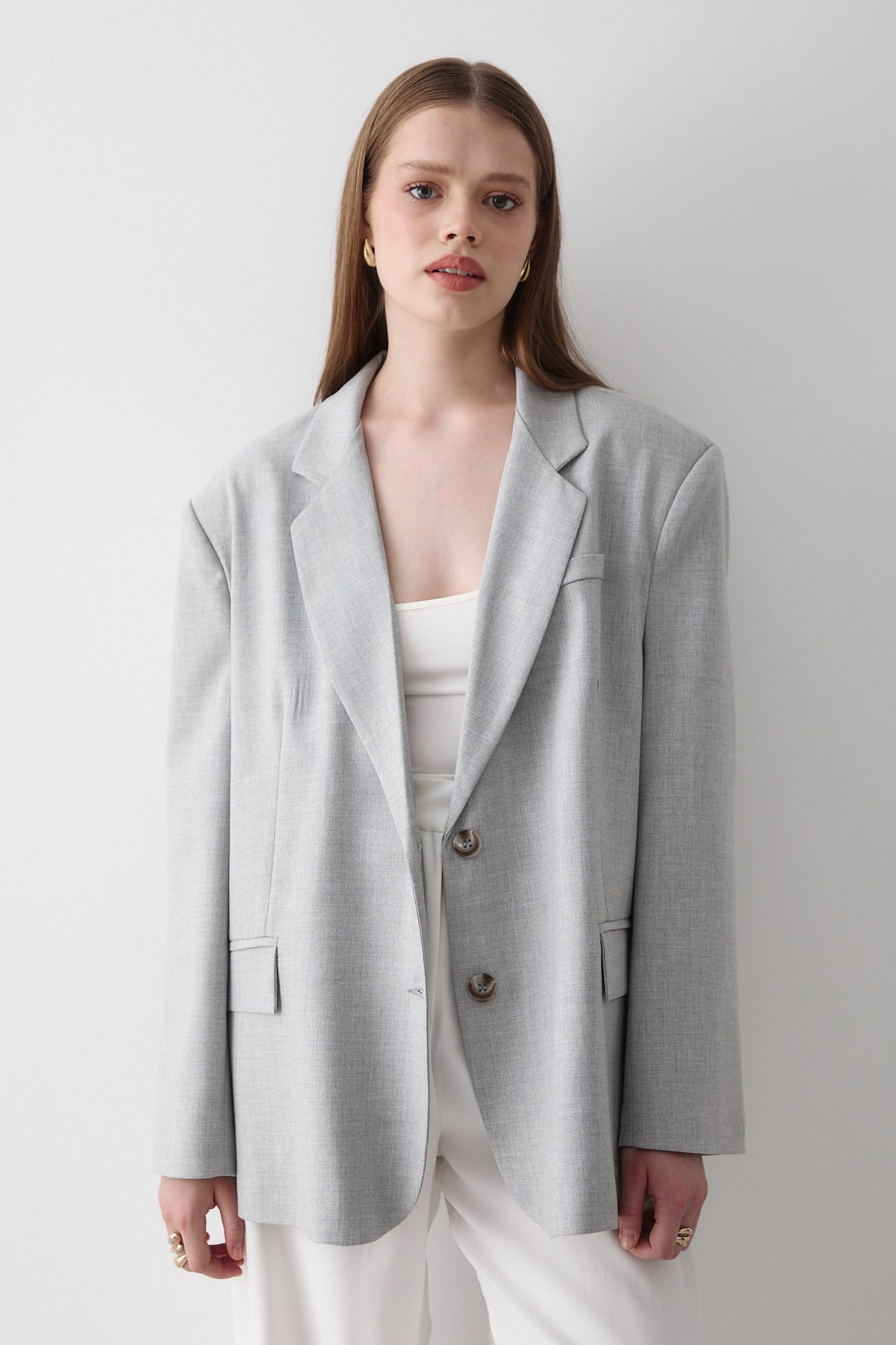 Kadın Gri Düğme Detaylı Oversize Blazer Ceket