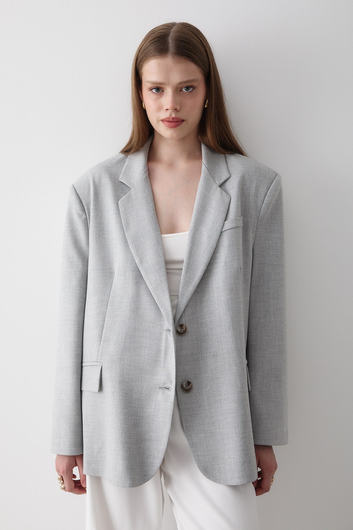Kadın Gri Düğme Detaylı Oversize Blazer Ceket