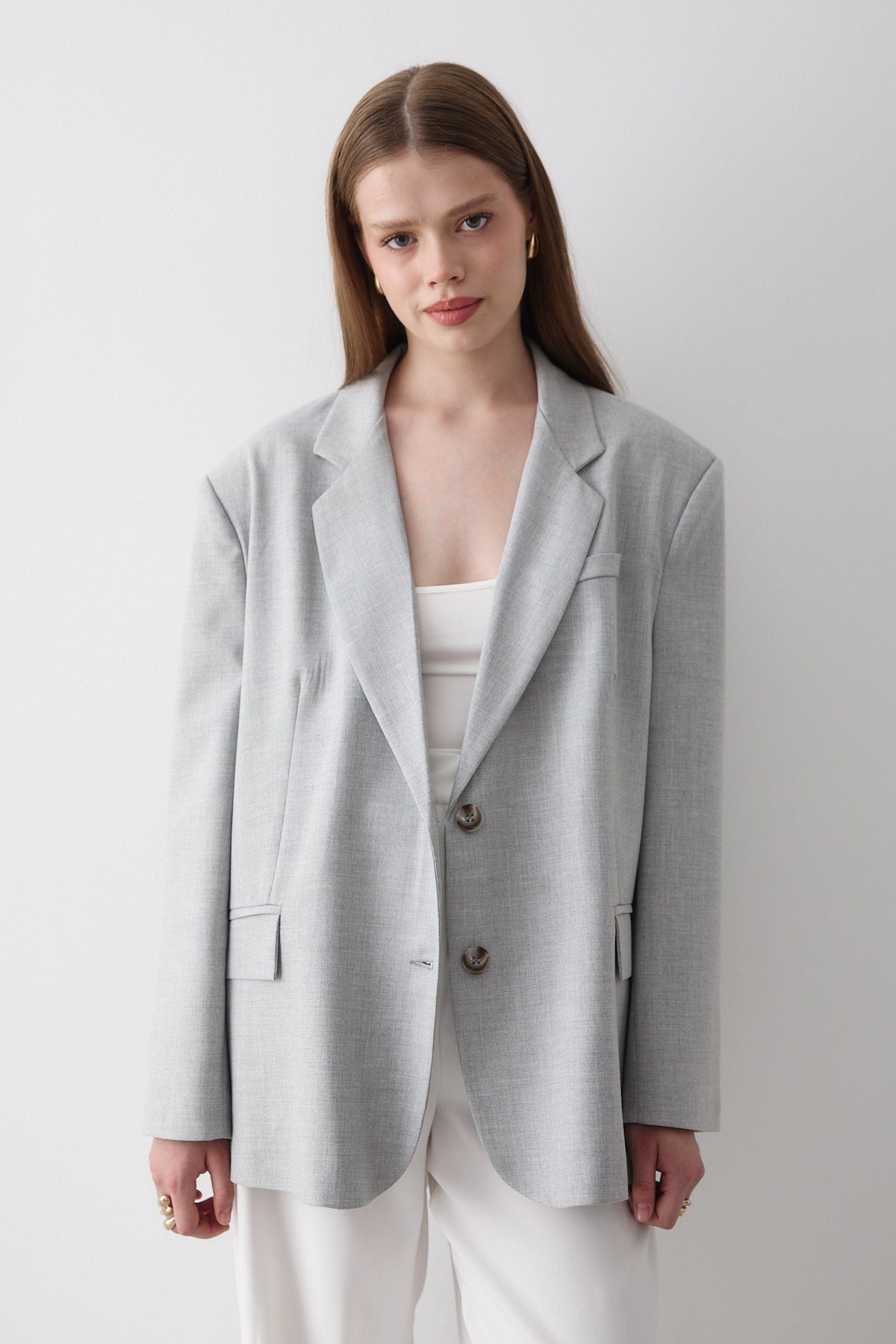Kadın Gri Düğme Detaylı Oversize Blazer Ceket