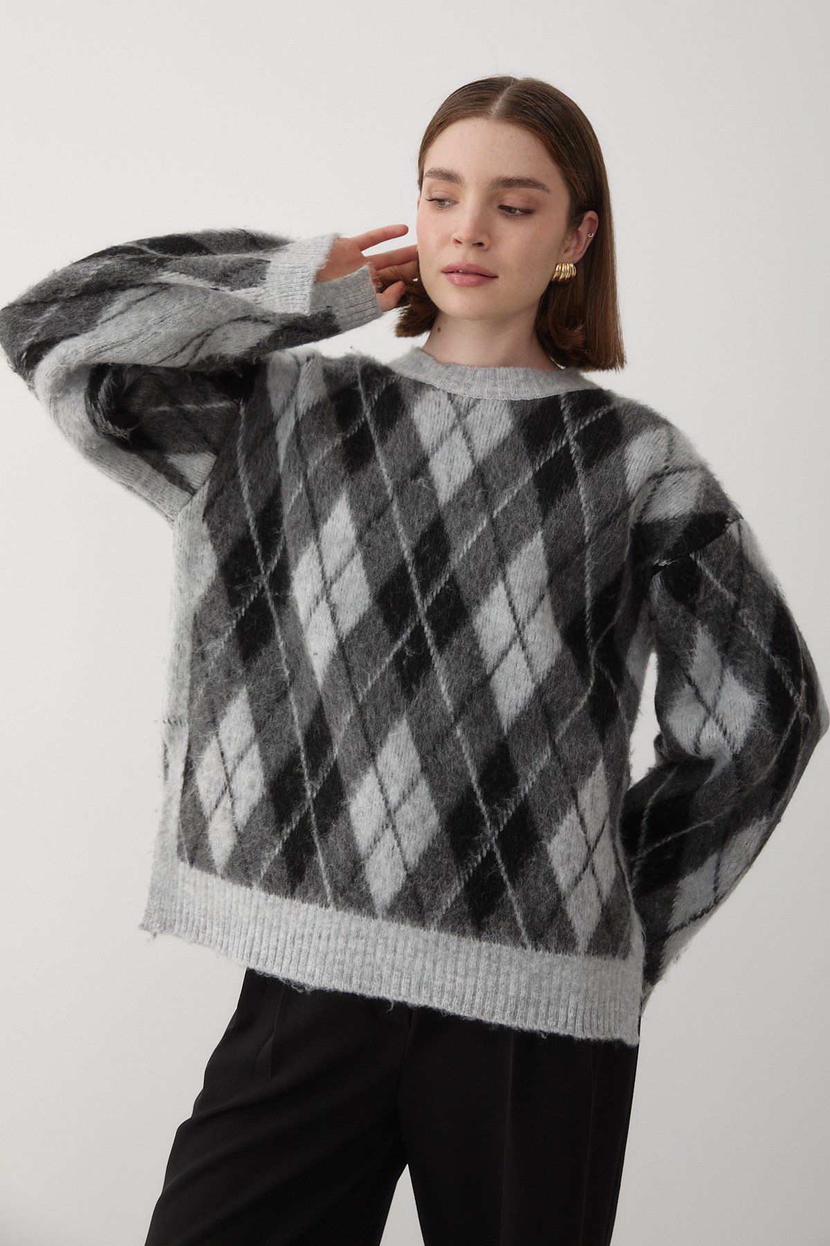 Kadın Gri Oversize Argyle Desenli Triko Kazak