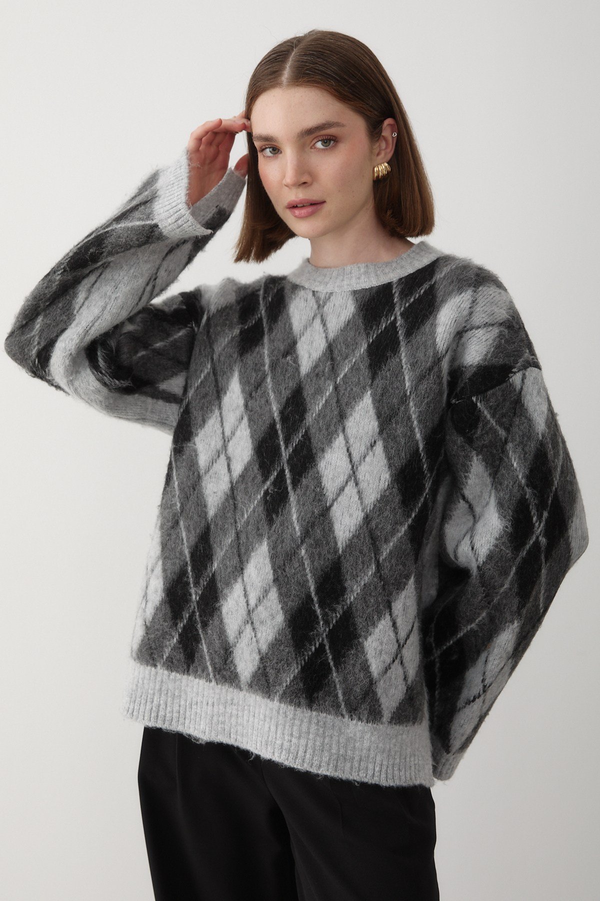 Kadın Gri Oversize Argyle Desenli Triko Kazak