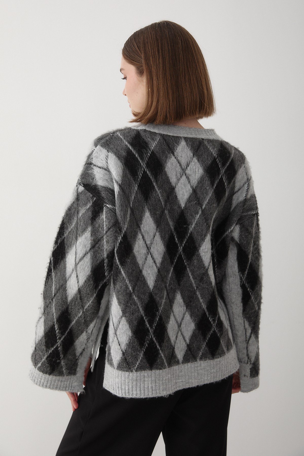 Kadın Gri Oversize Argyle Desenli Triko Kazak