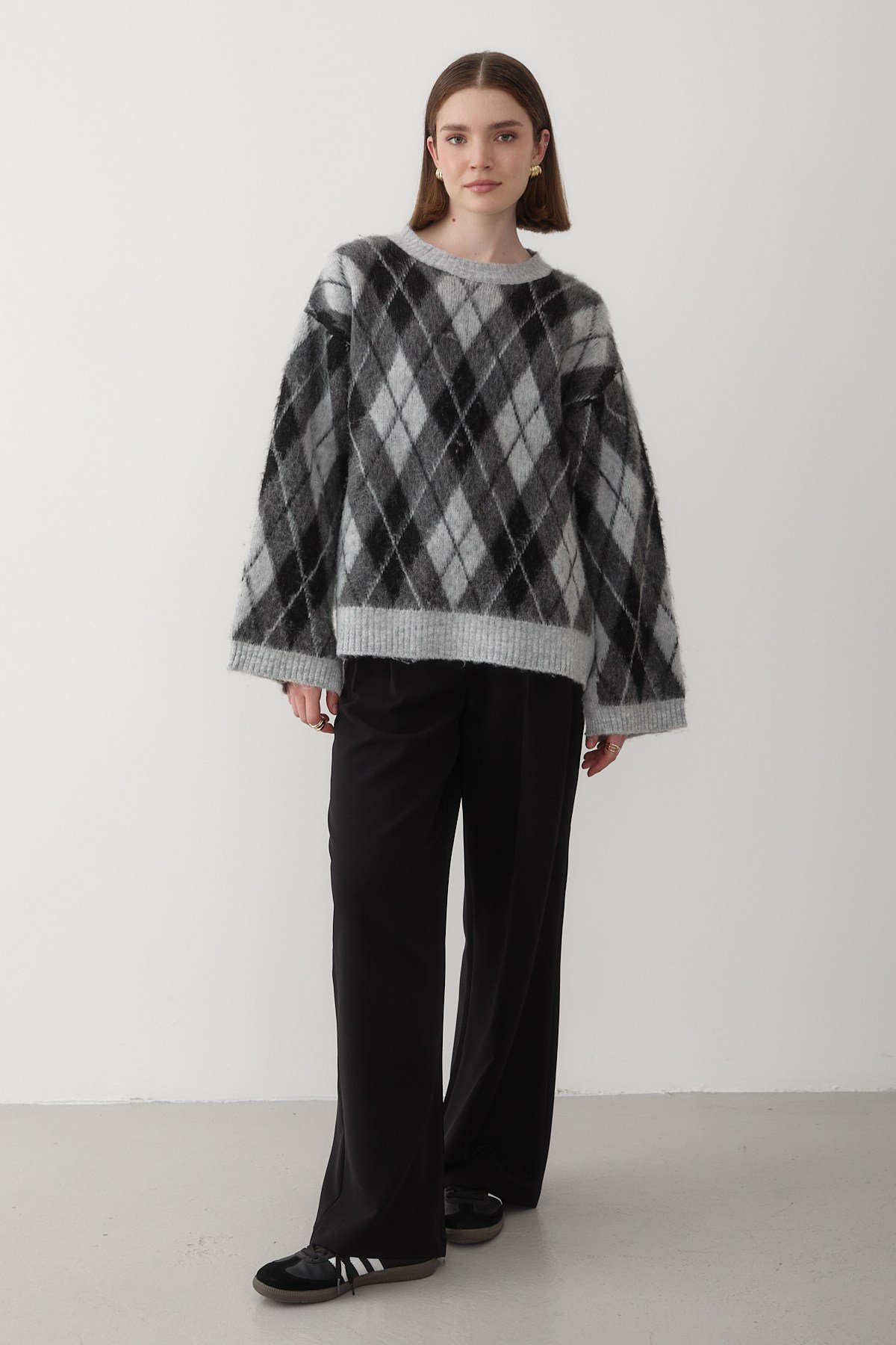Kadın Gri Oversize Argyle Desenli Triko Kazak